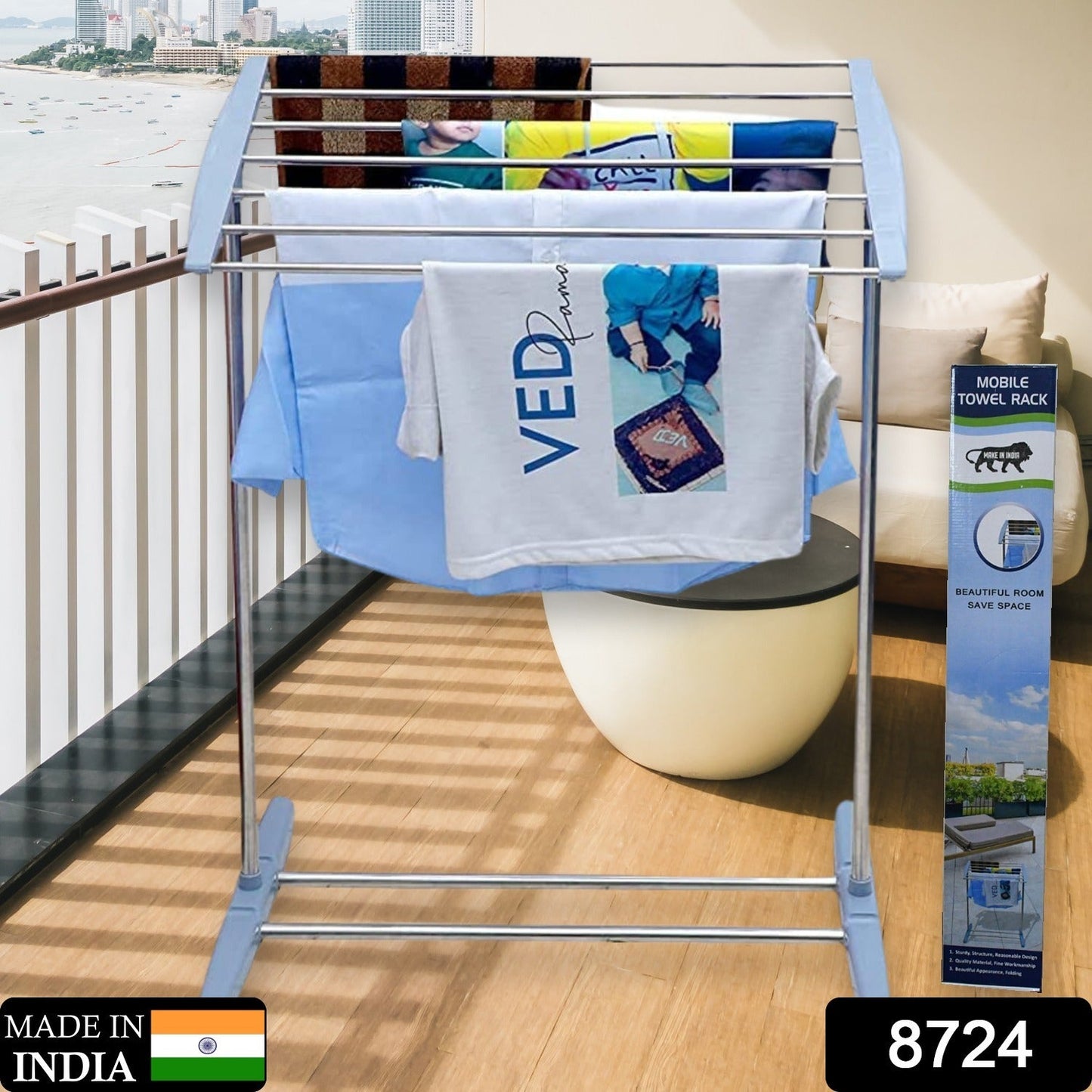 Foldable clothes drying stand made of stainless steel, demonstrating its compact design.