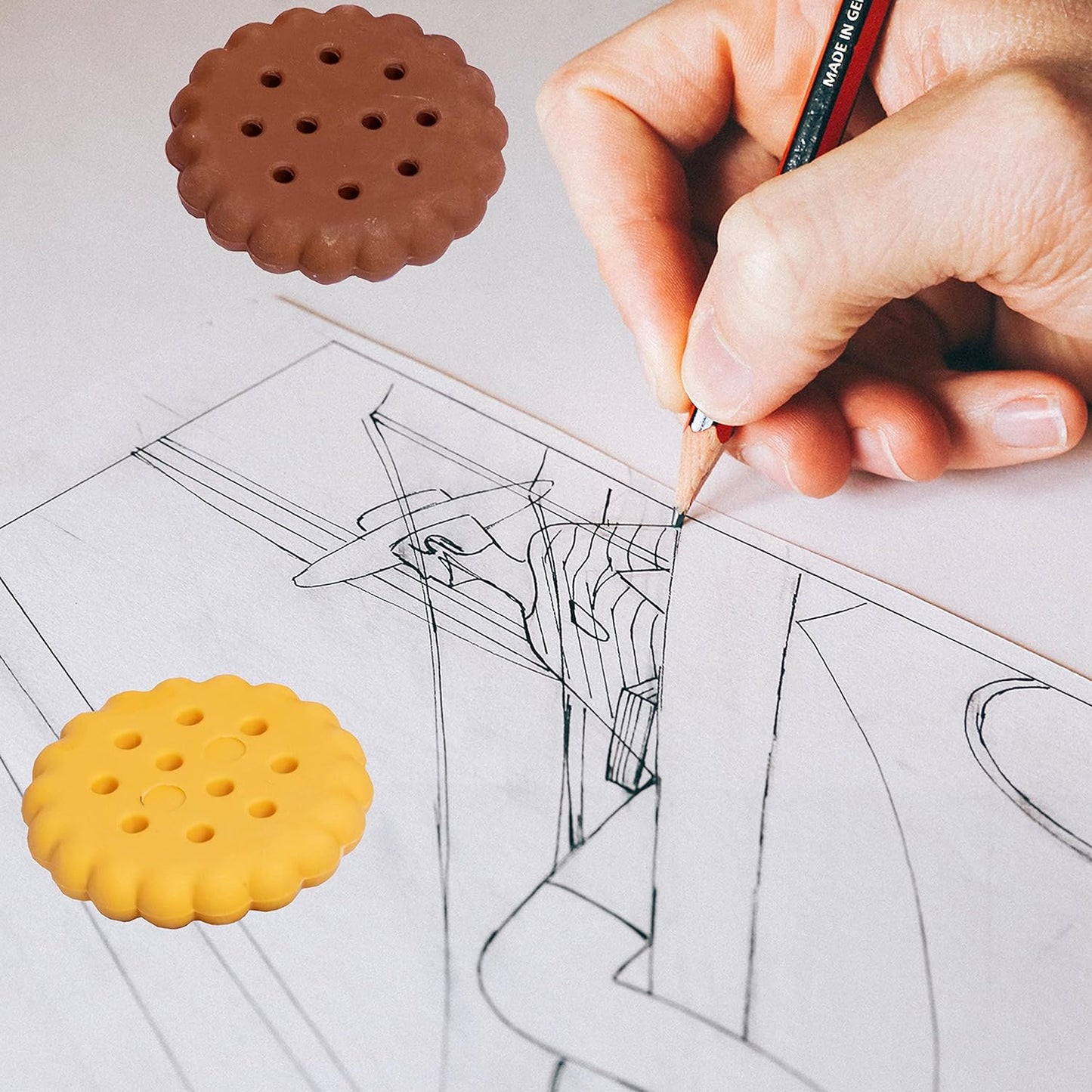Packaging for the 6-piece biscuit erasers, suitable for party favours and gifts.
