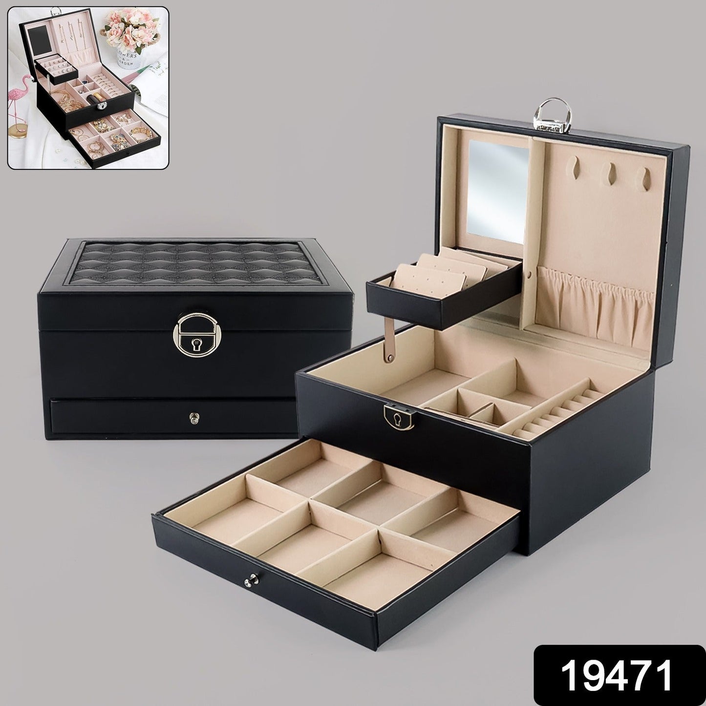 Closed velvet-lined Jewellery Organizer Box with a secure front clasp on a vanity.