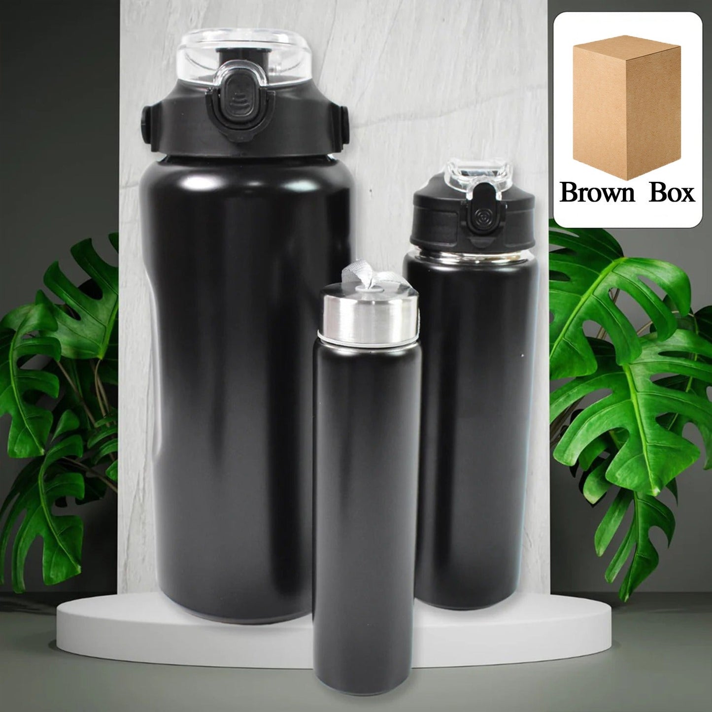 Image of a 3-piece Stainless Steel Insulated Water Bottle Set with different lids.