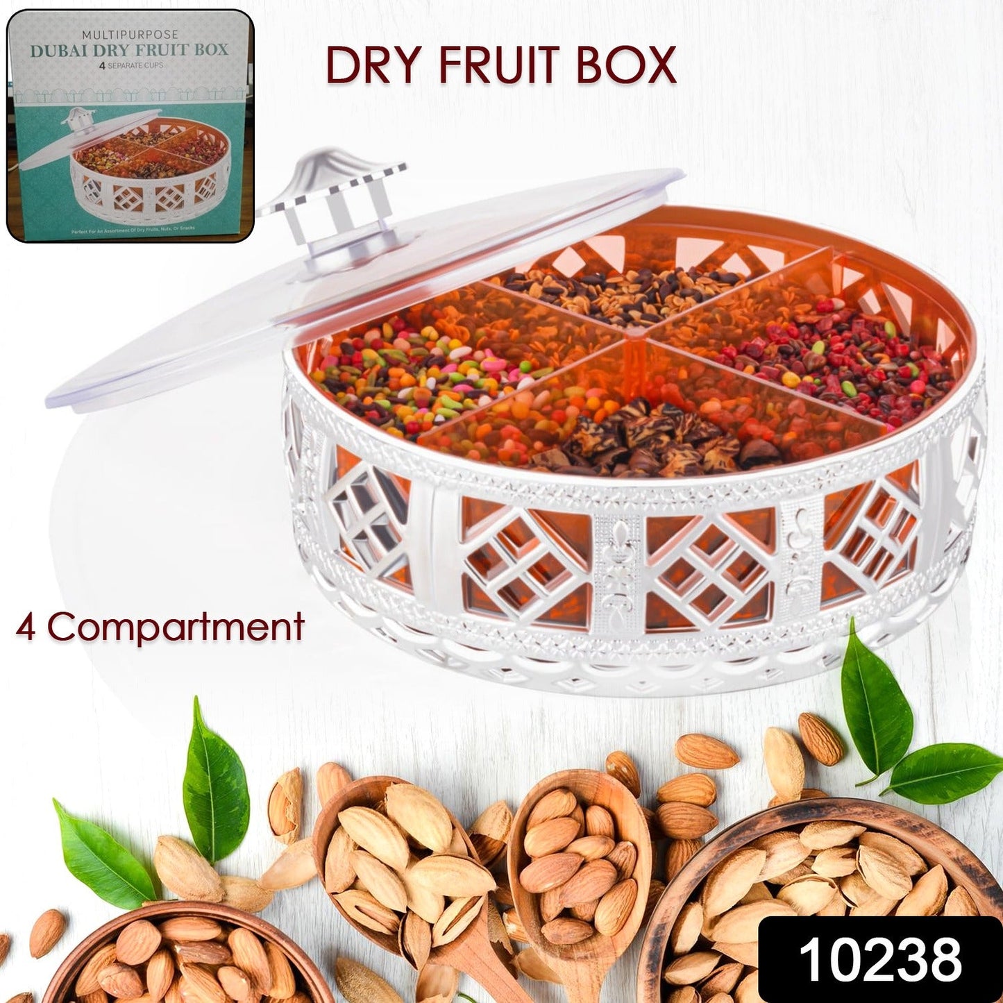 Multipurpose silver dry fruit storage box with lid and internal dividers.