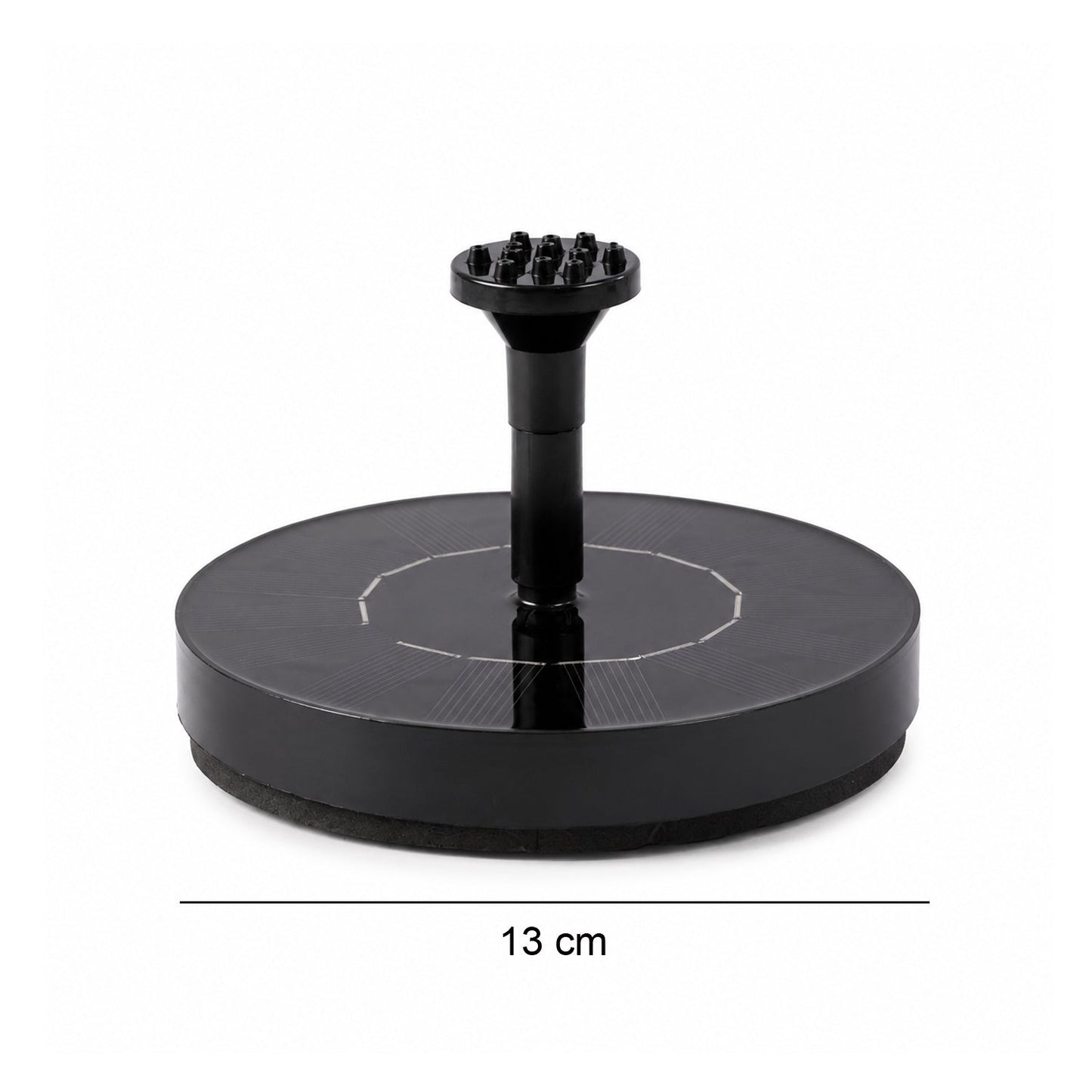 Fountain pump showing 13 cm dimension in garden setup