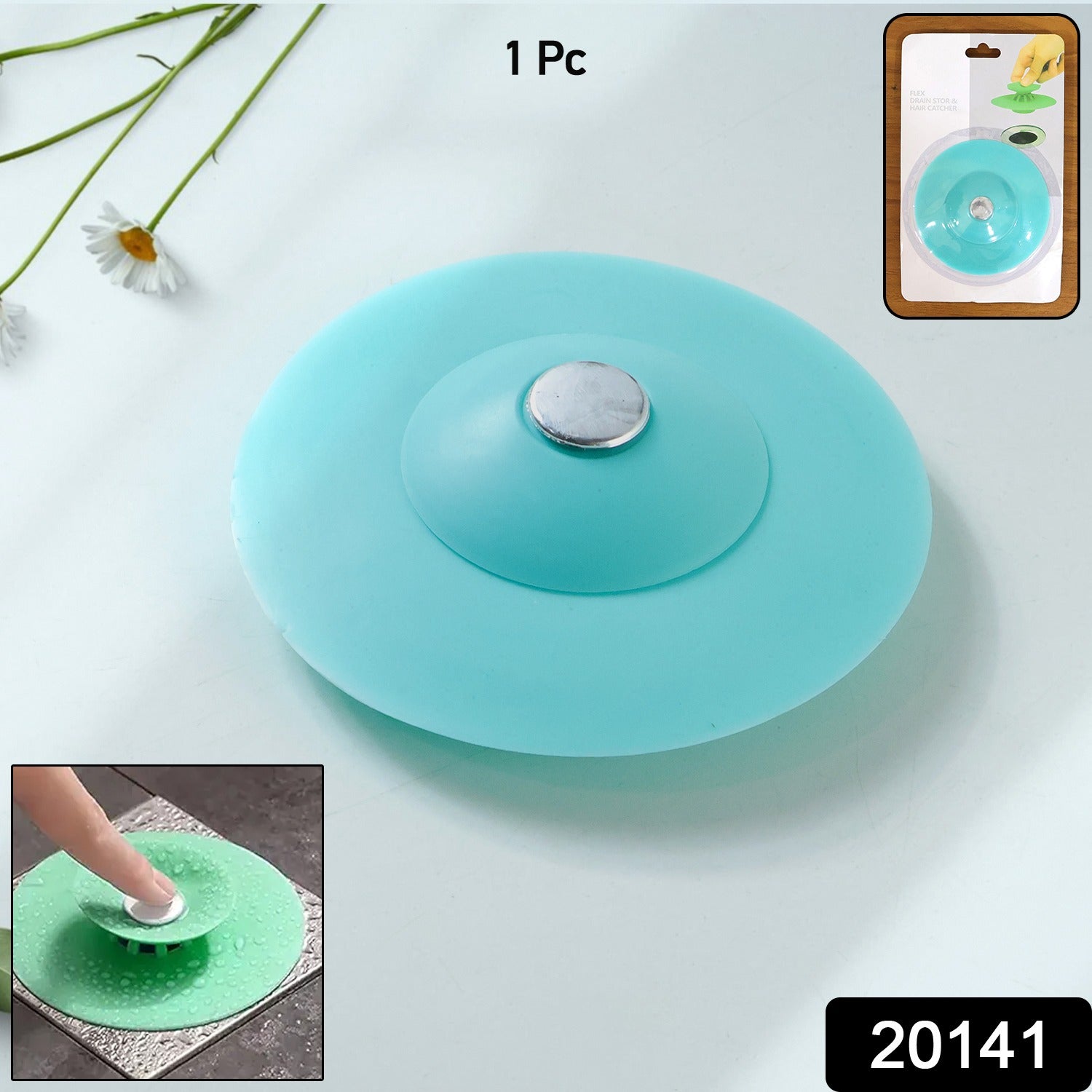 Bathroom drain covered with silicone hair catcher preventing clogs