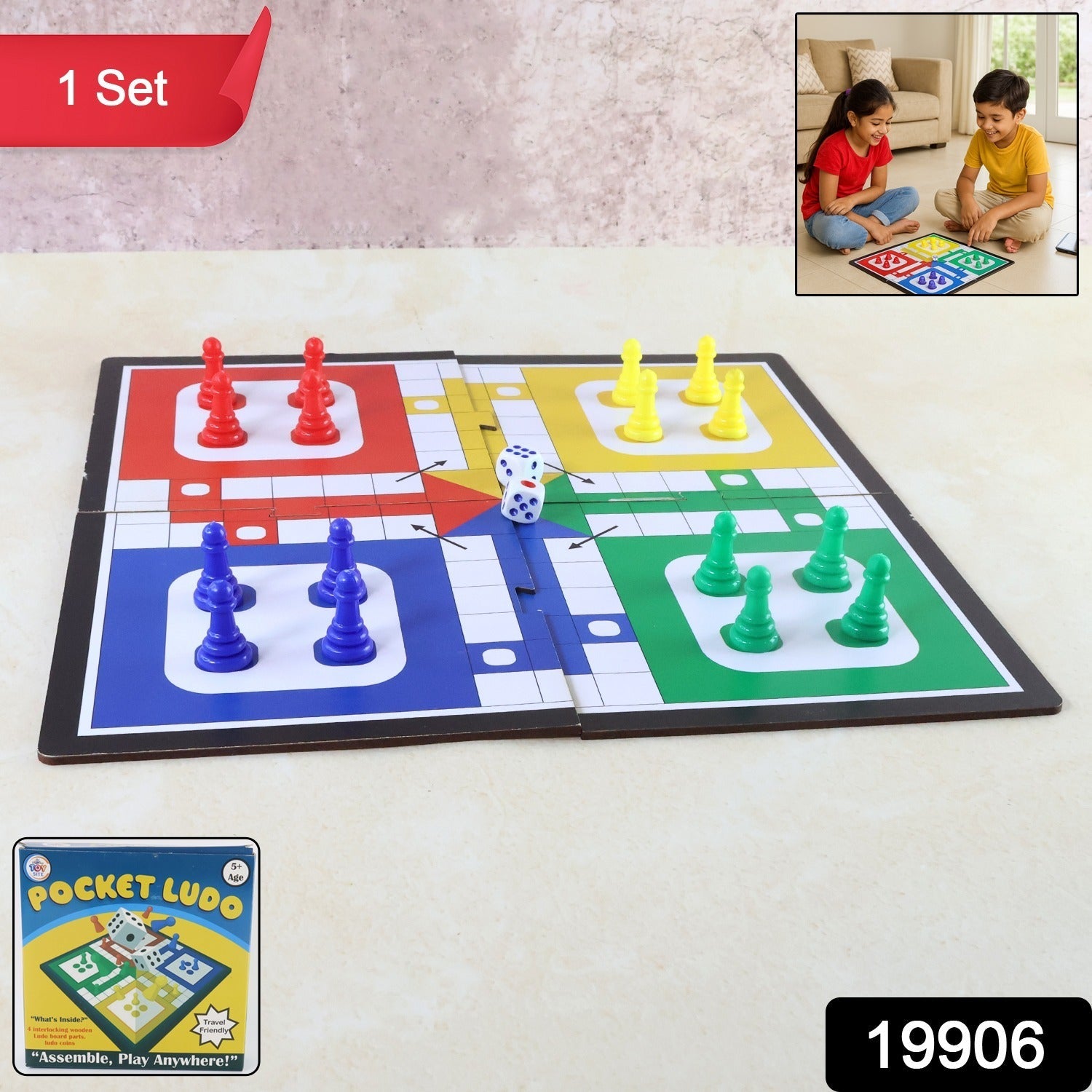 Compact foldable Pocket Ludo game board, ready for travel.