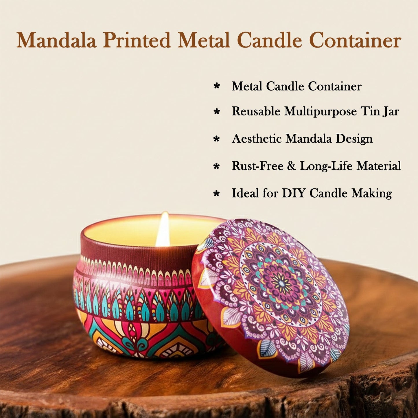 Top view showing mandala printed metal candle container set of 4 with lids