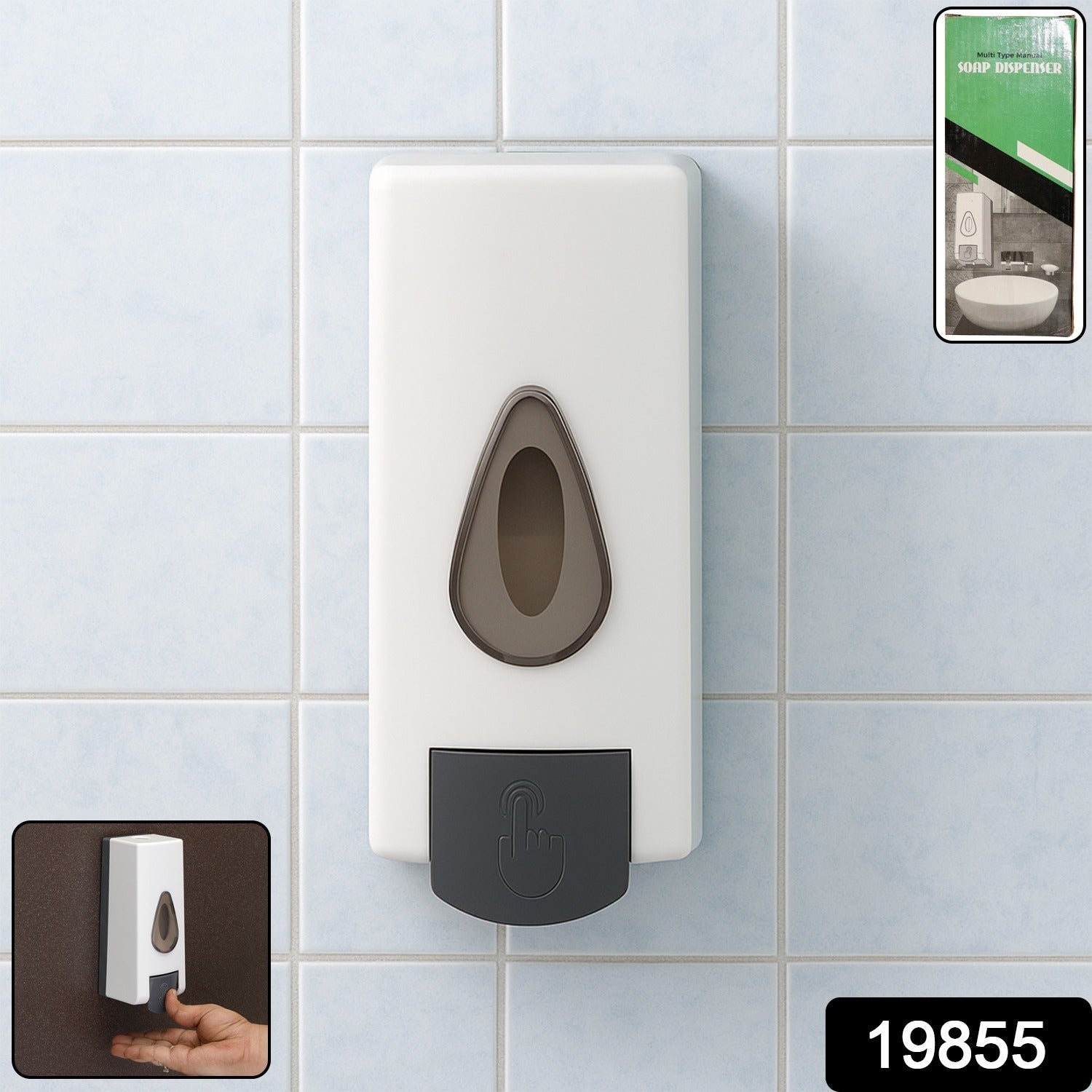 Front view of the refillable wall mounted soap dispenser with push button.