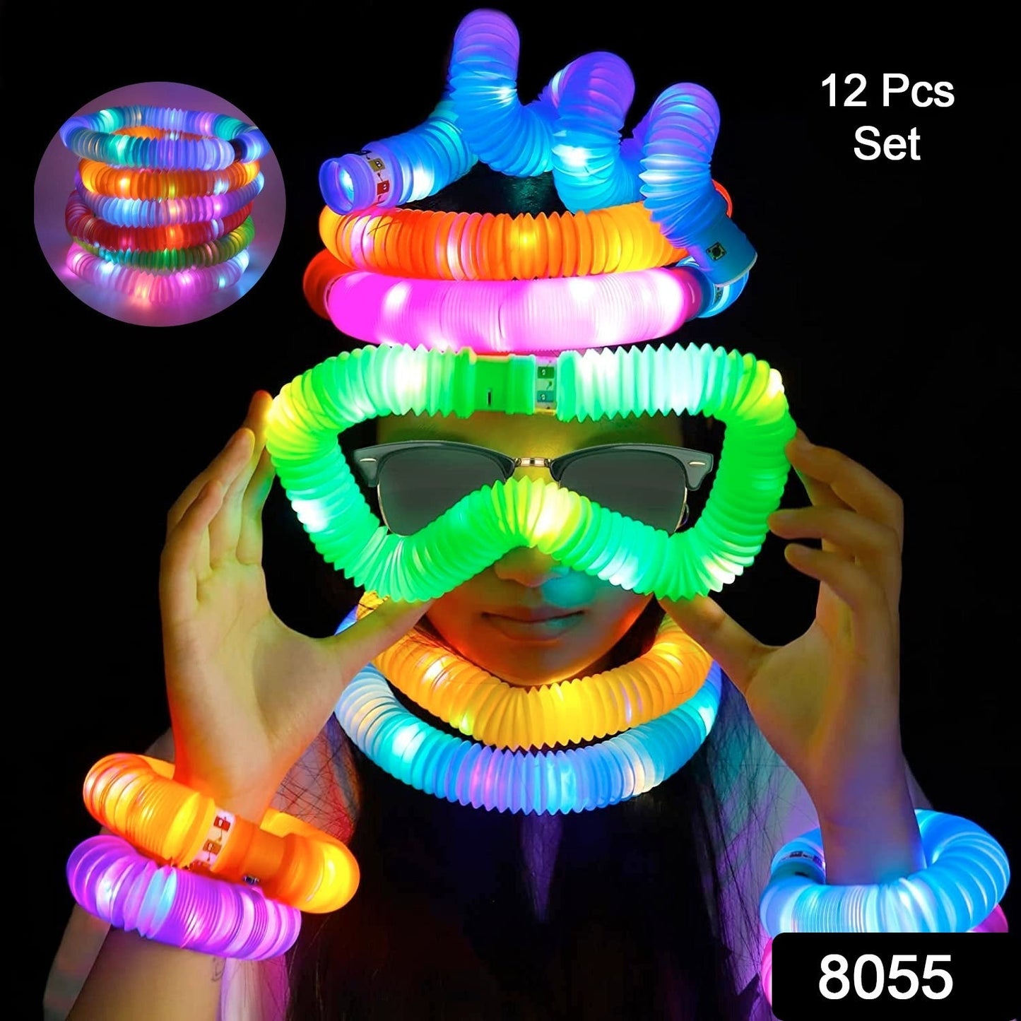 Set of 12 colorful sensory fidget tubes in various shapes.