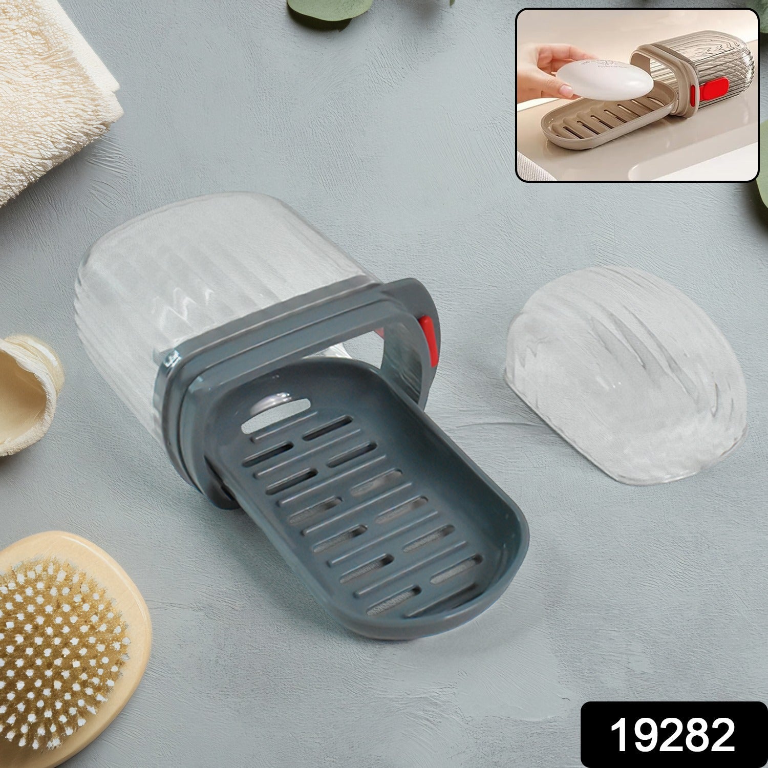 Soap holder showing detachable drain tray and clear transparent lid