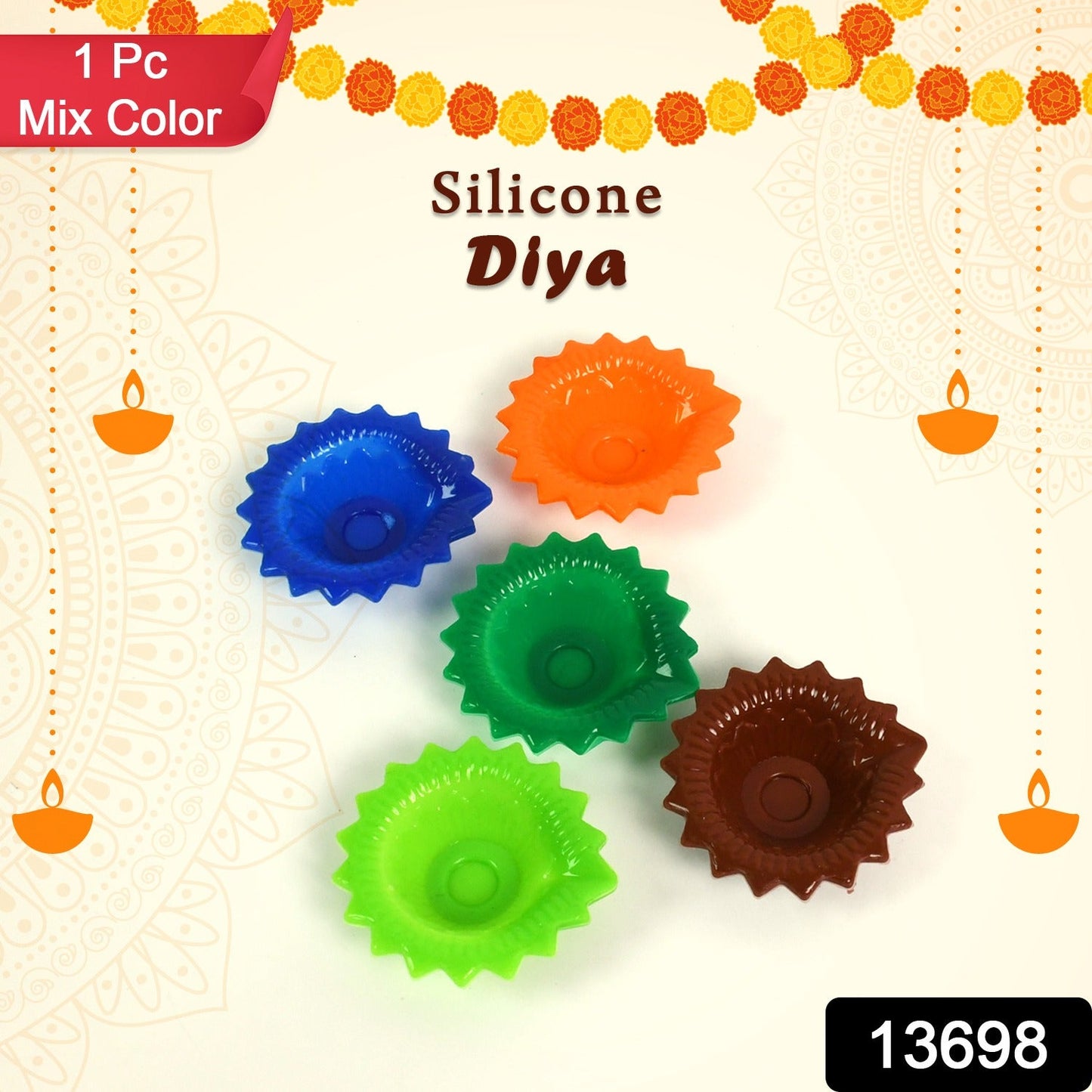 Close-up of a vibrant silicone diya with intricate designs, perfect for a traditional pooja setup.