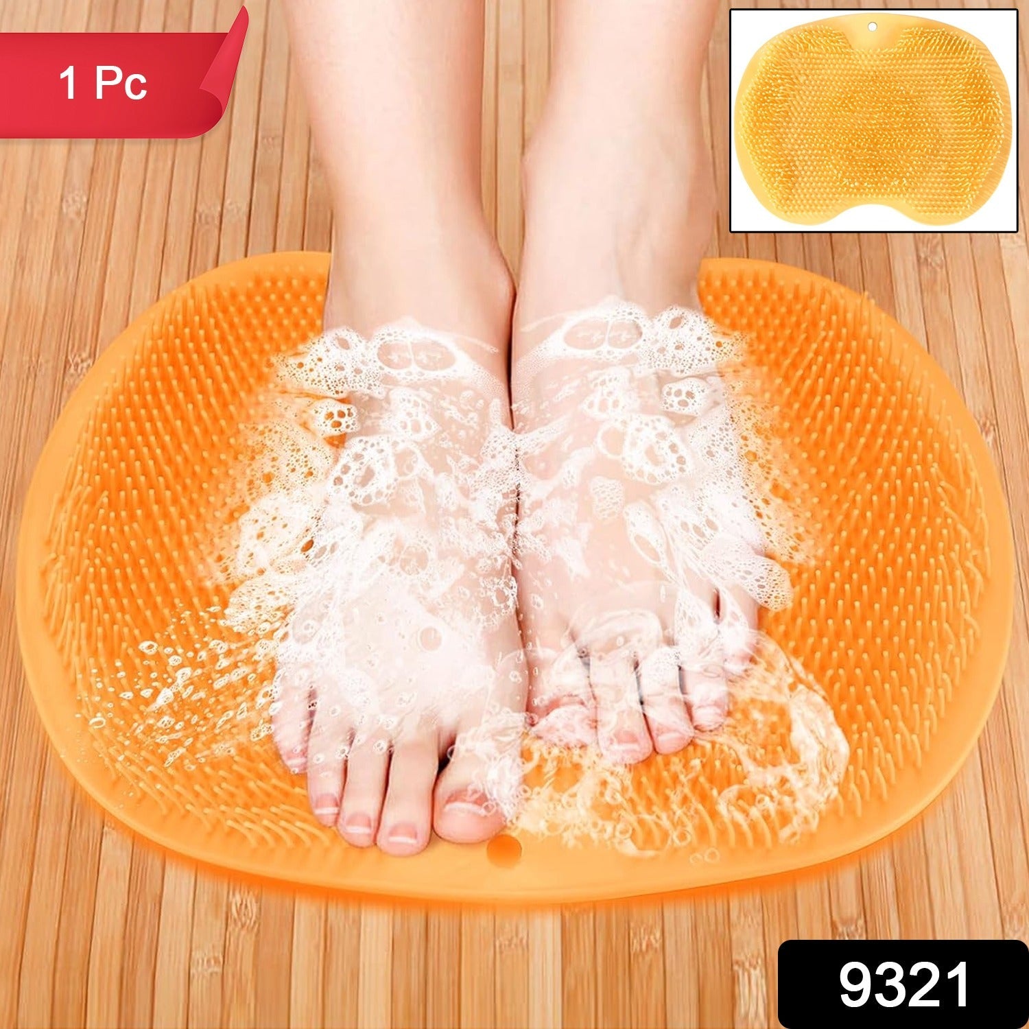 Yellow bath mat made of silicone with anti-slip suction cups fixed on bathroom floor