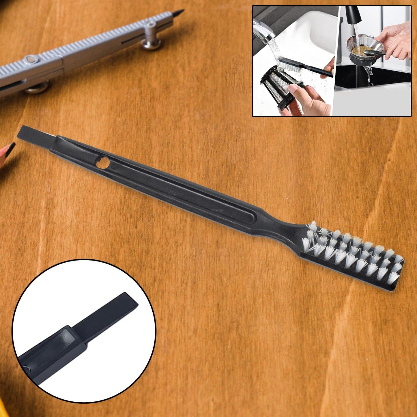 Multifunctional cleaning brush with sturdy bristles, ideal for kitchen tasks.