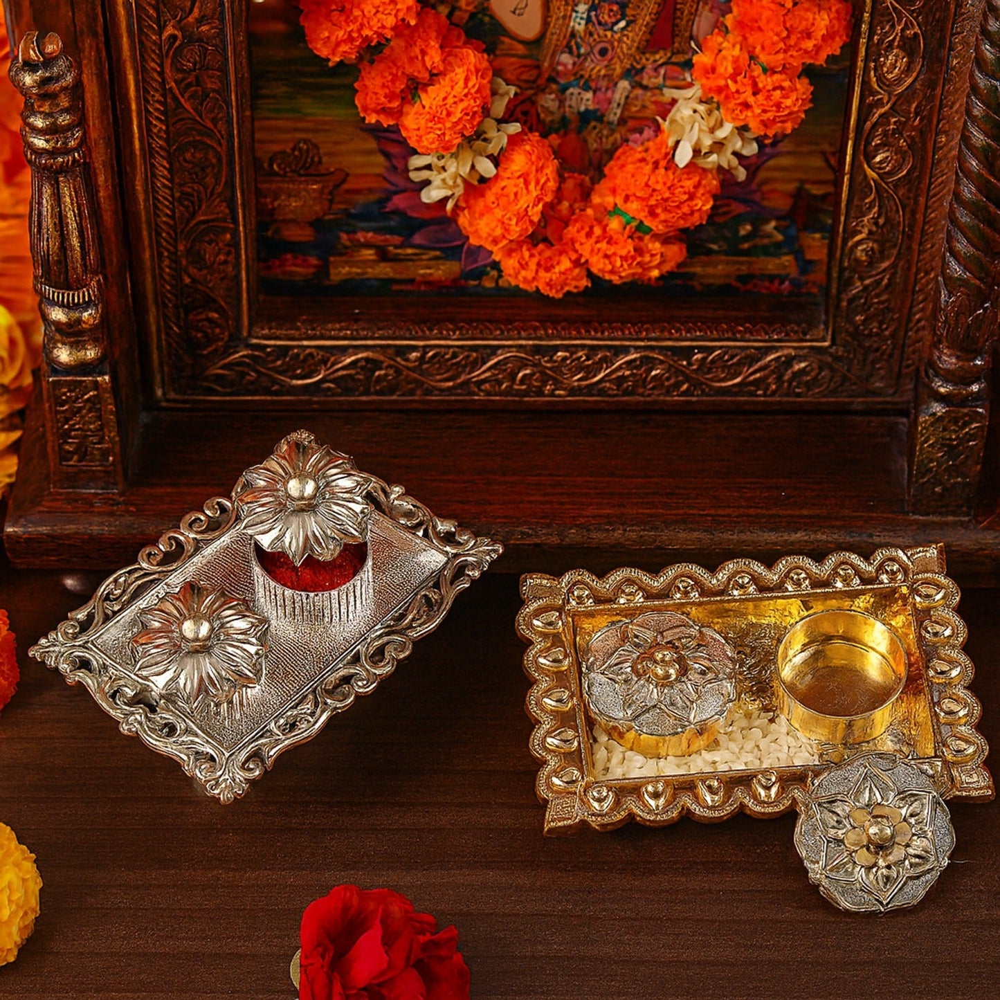 Traditional pooja thali tray arranged for festival worship and home mandir
