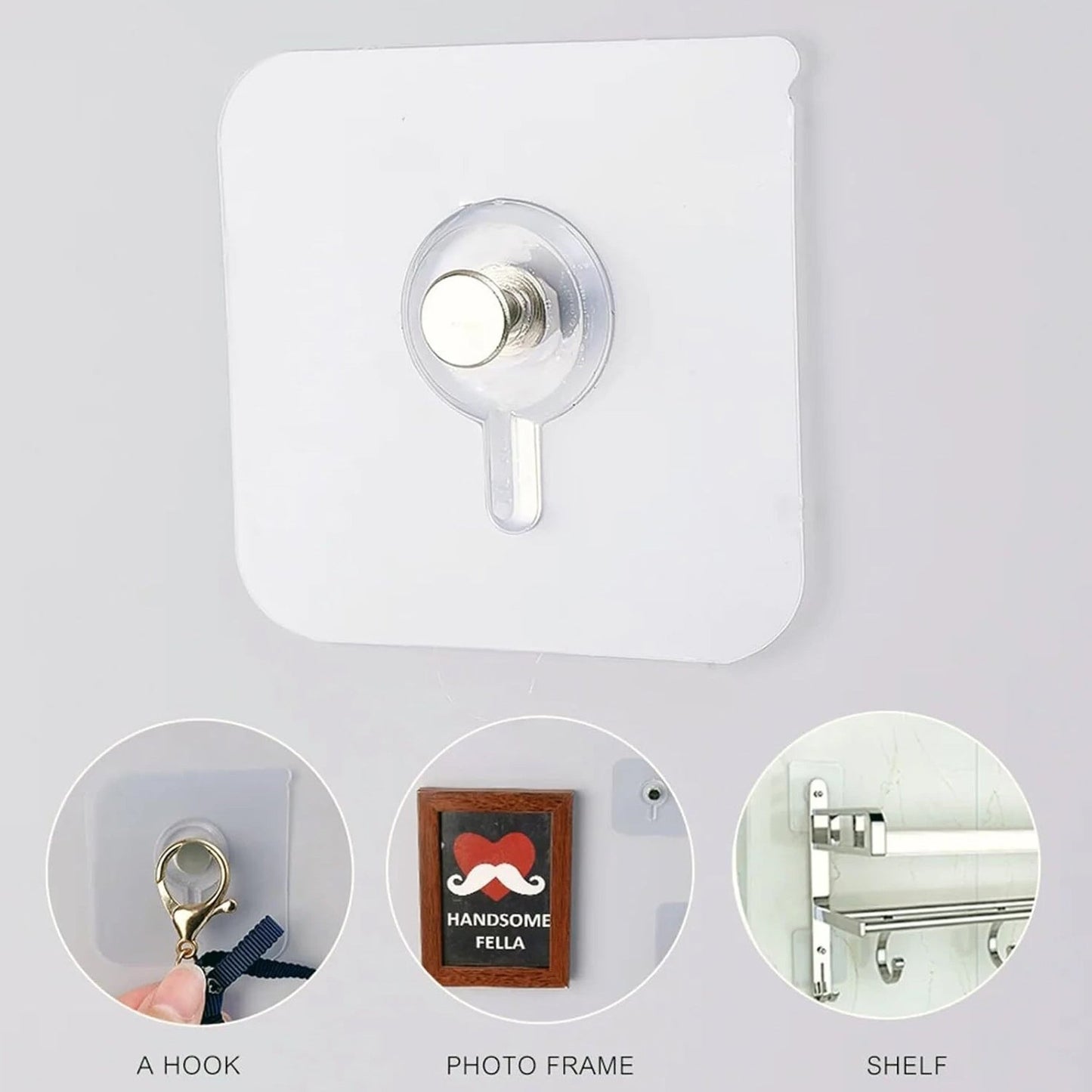 Transparent stick-on wall hooks for versatile home use