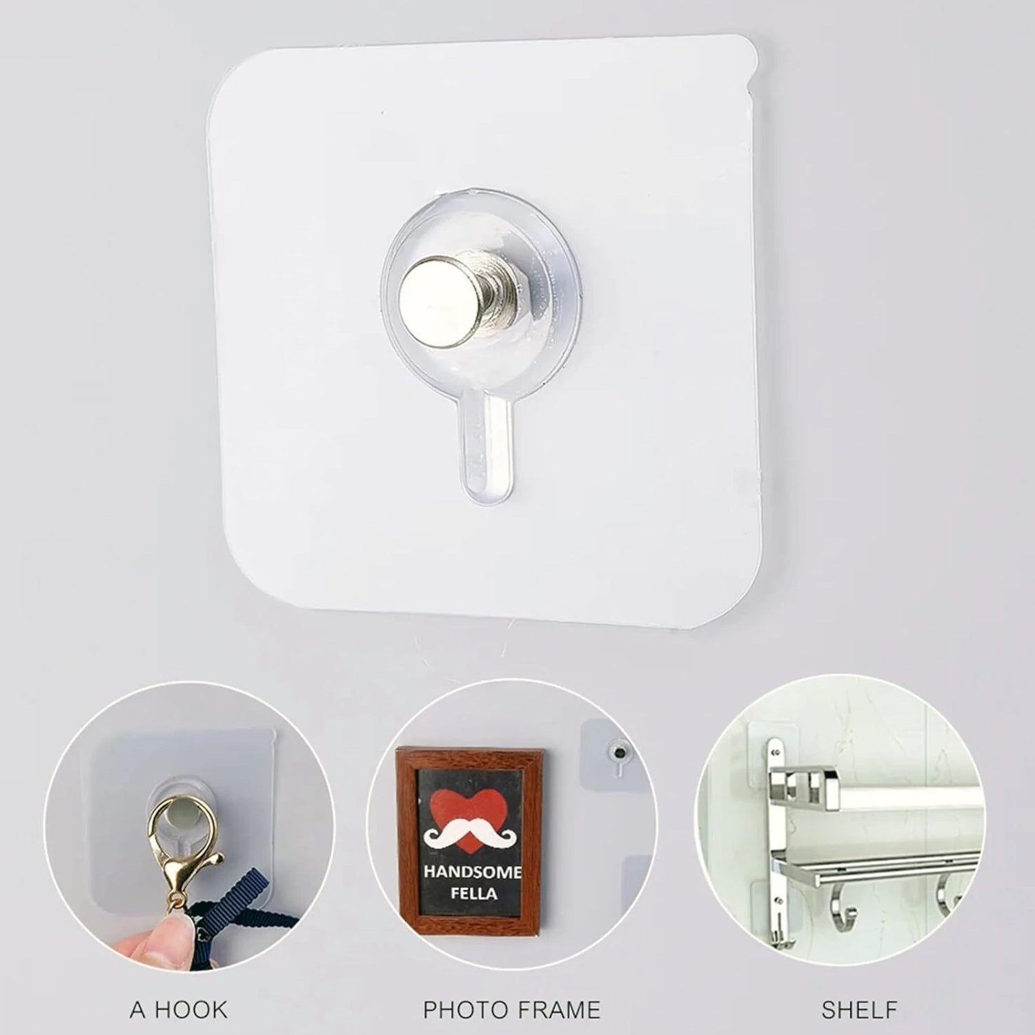 Transparent stick-on wall hooks for versatile home use