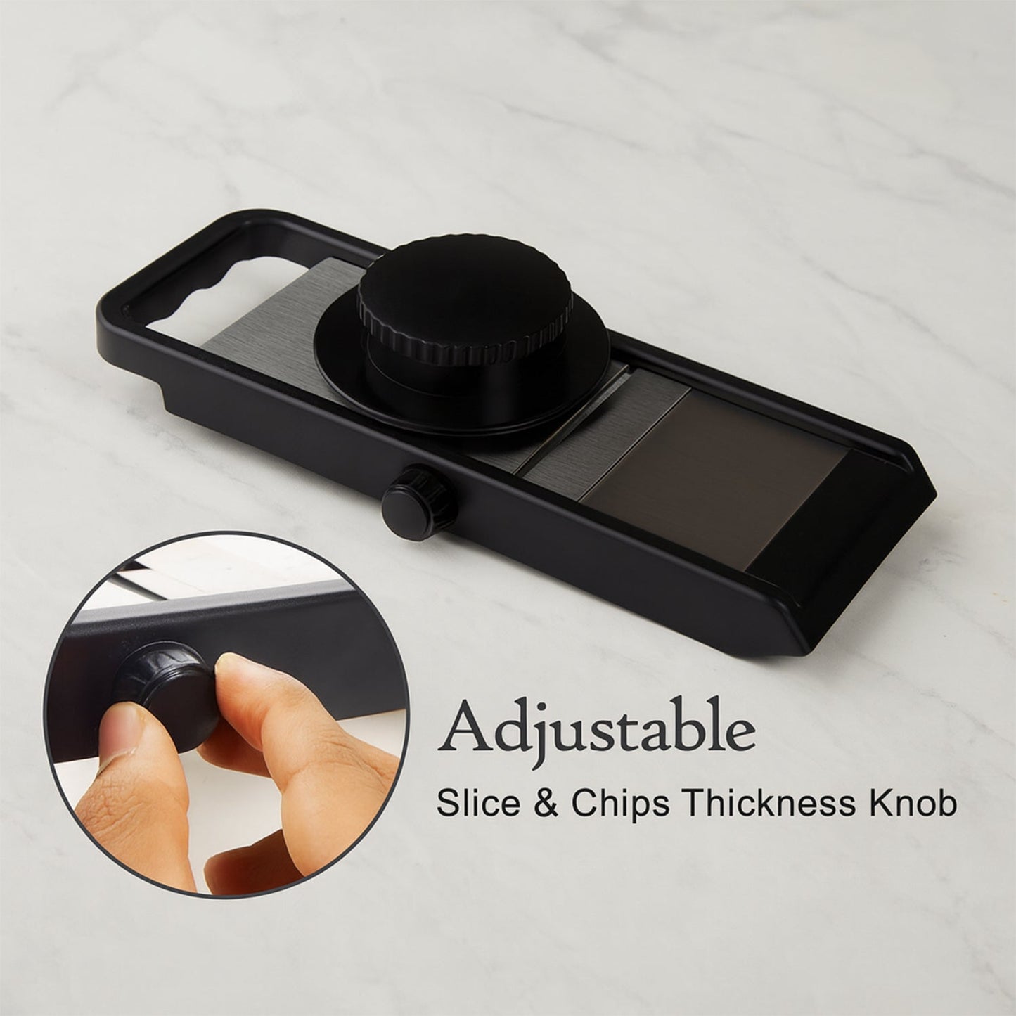 Compact kitchen slicer with stainless steel blade and adjustable knob