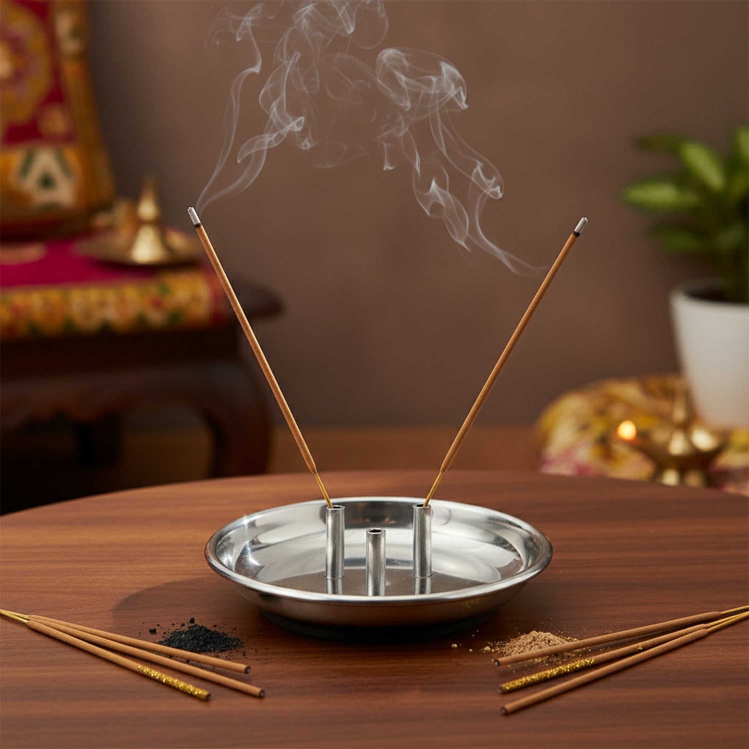 Elegant polished lotus-shaped incense holder for home mandir