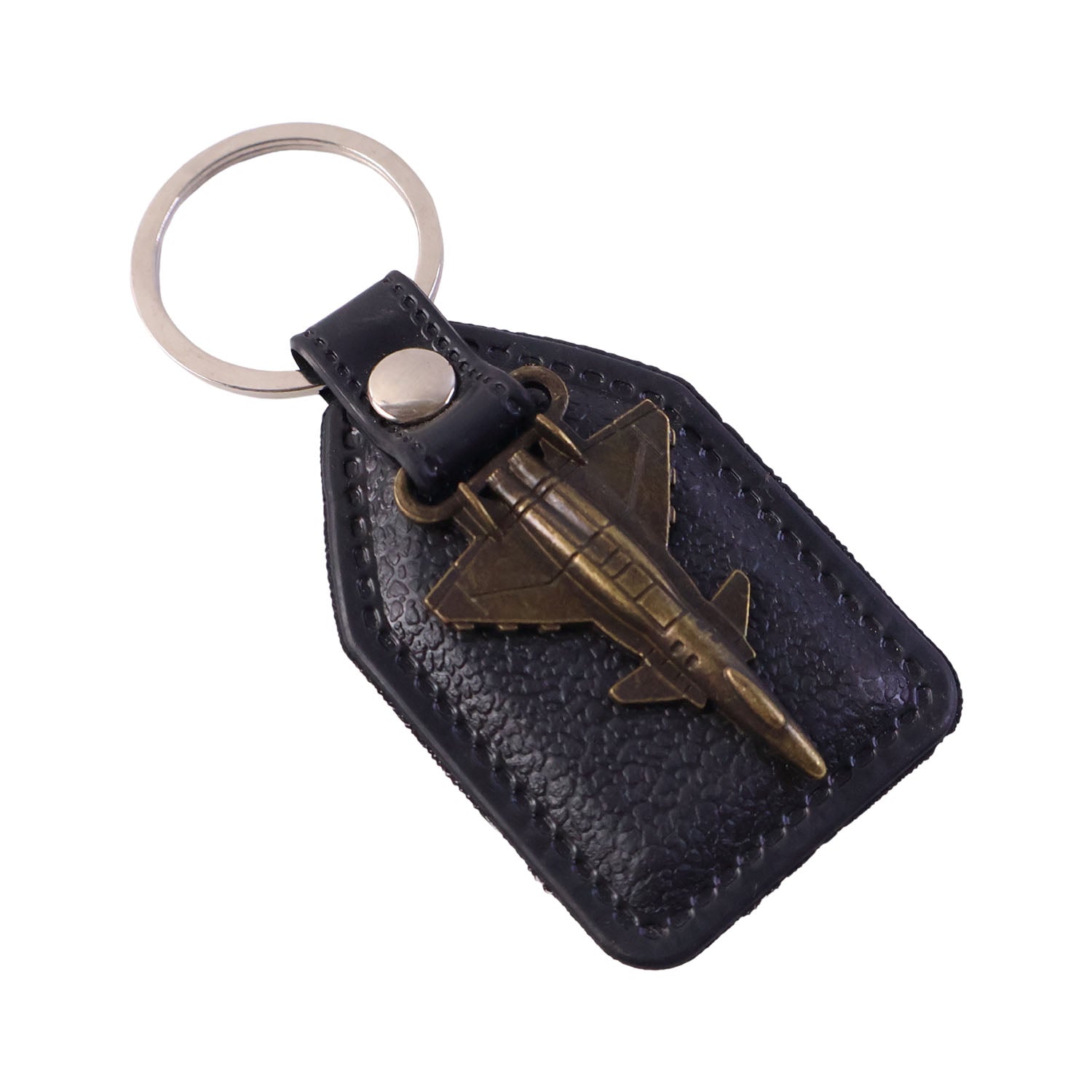 Heavy-duty metal ring of aircraft design leather finish keychain for secure keys