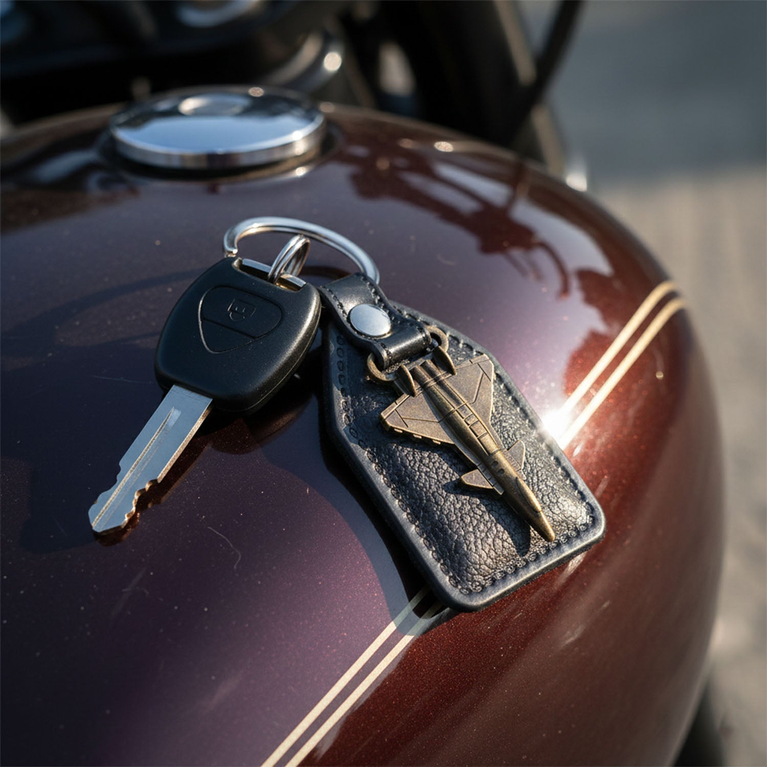 Compact aircraft design key holder with metal jet charm and leather finish