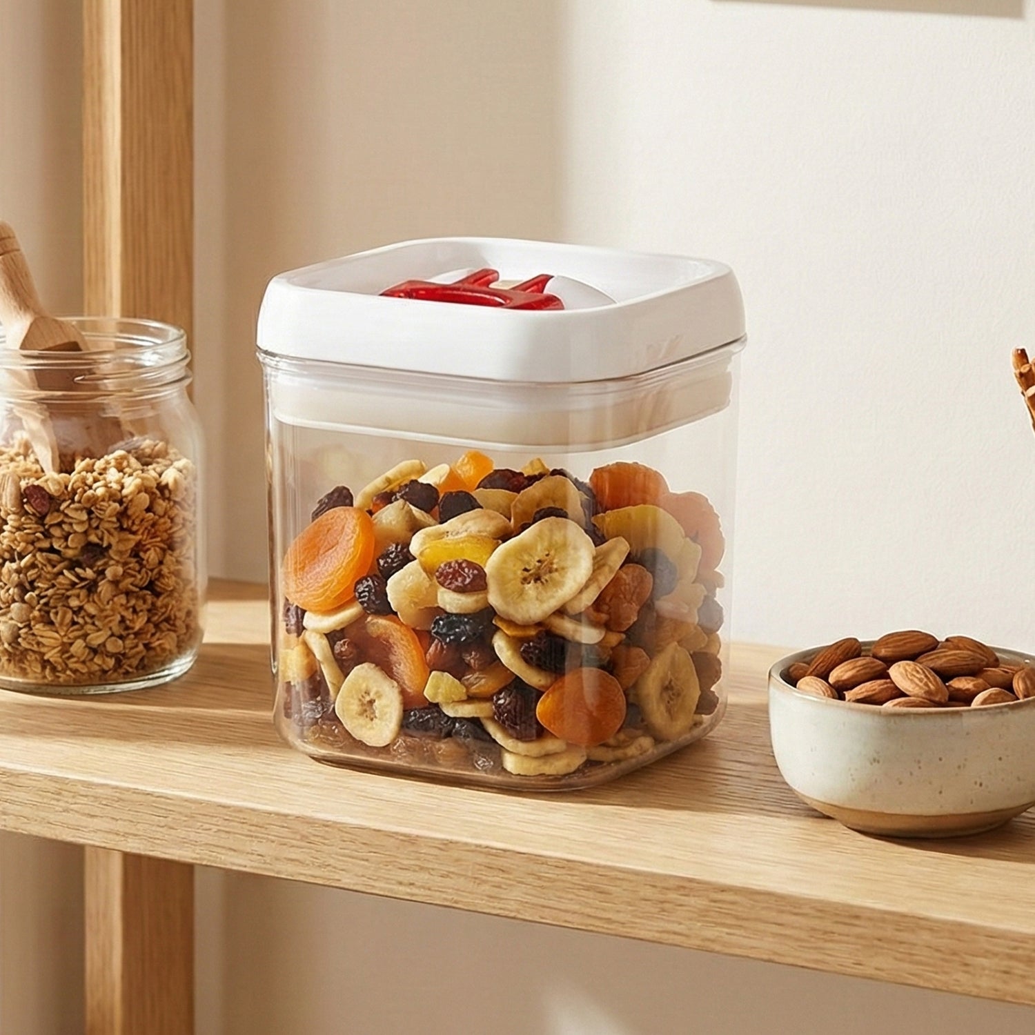 Clear storage box featuring secure airtight red lid
