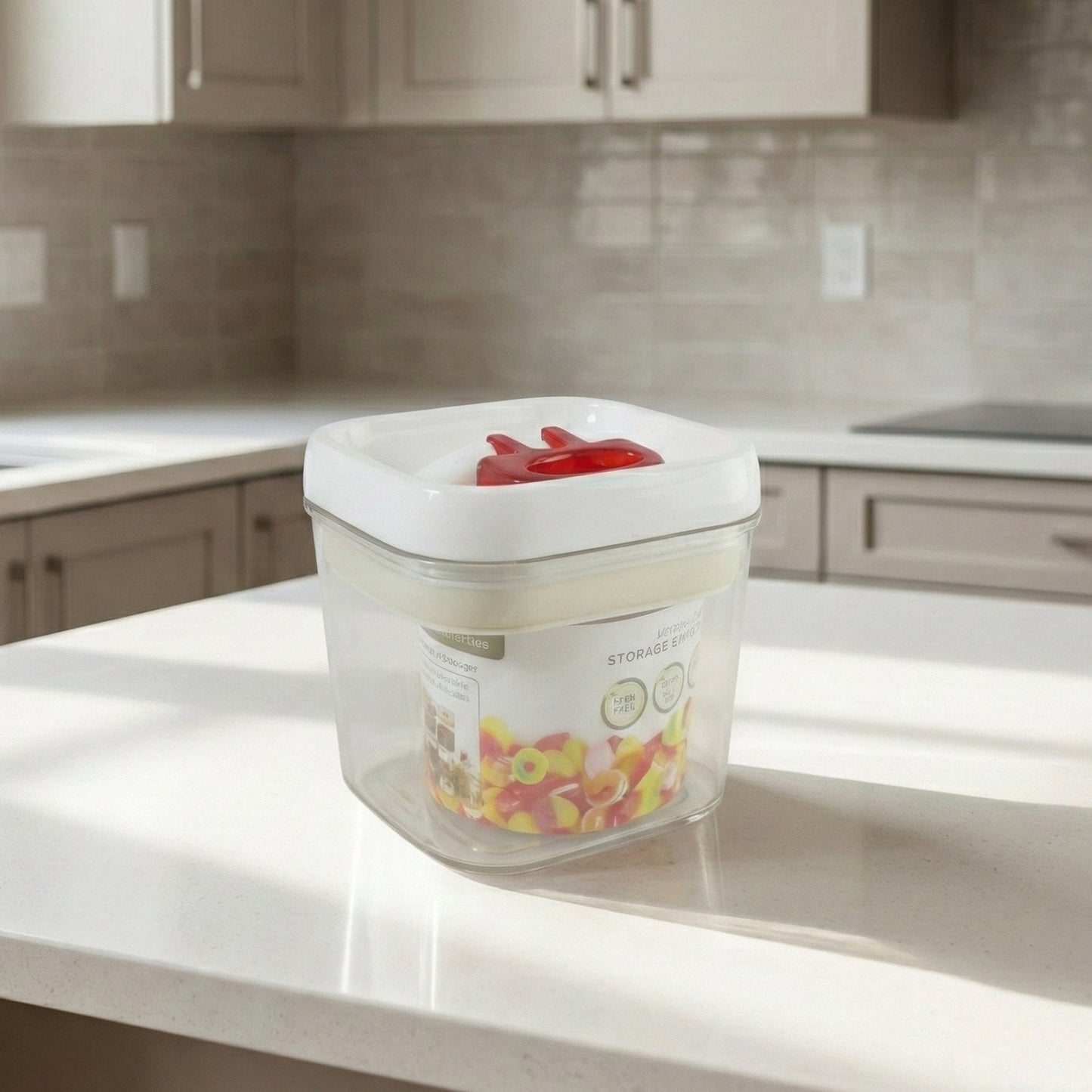 Compact food storage box with durable plastic and red lid