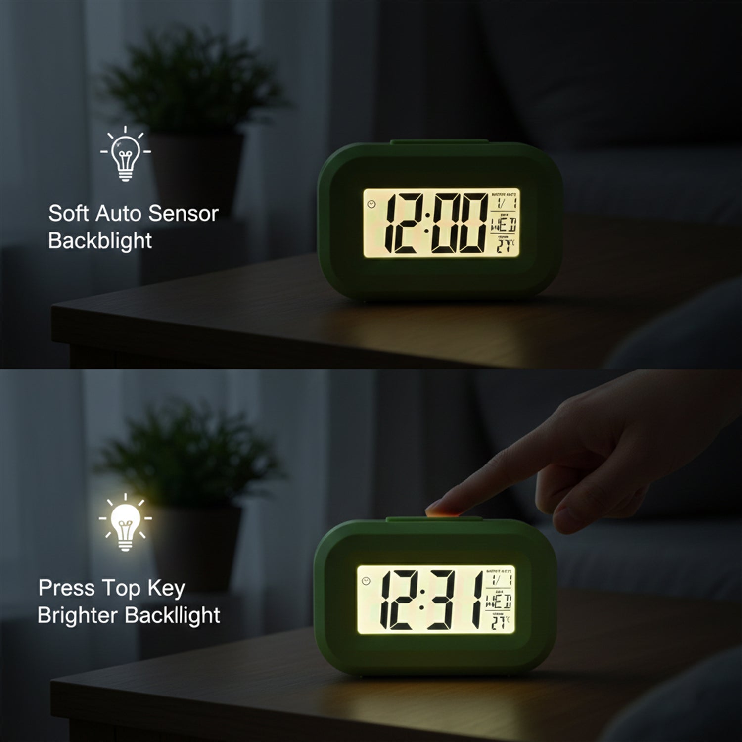 Digital alarm clock suitable for bedroom or office use