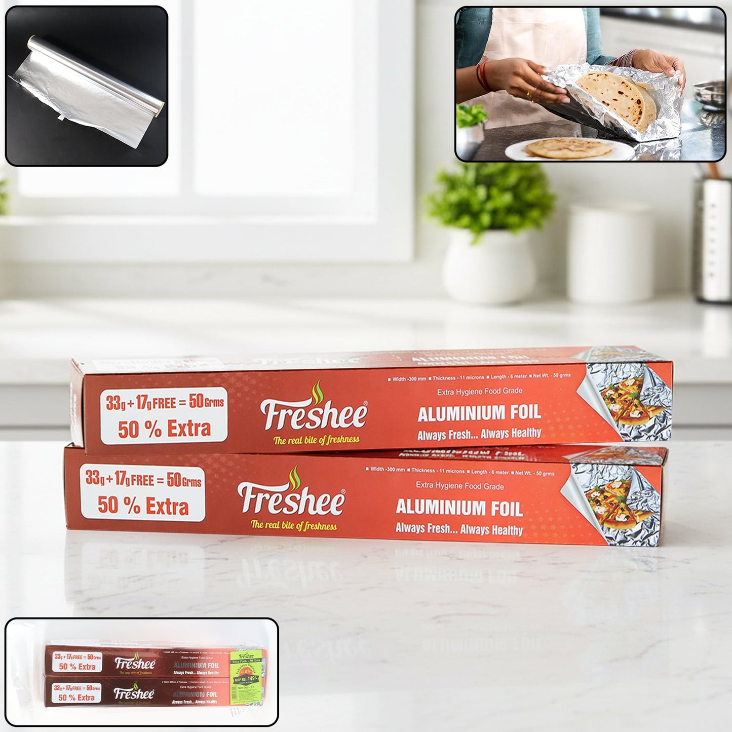 Freshee premium aluminium foil roll for kitchen wrapping and grilling