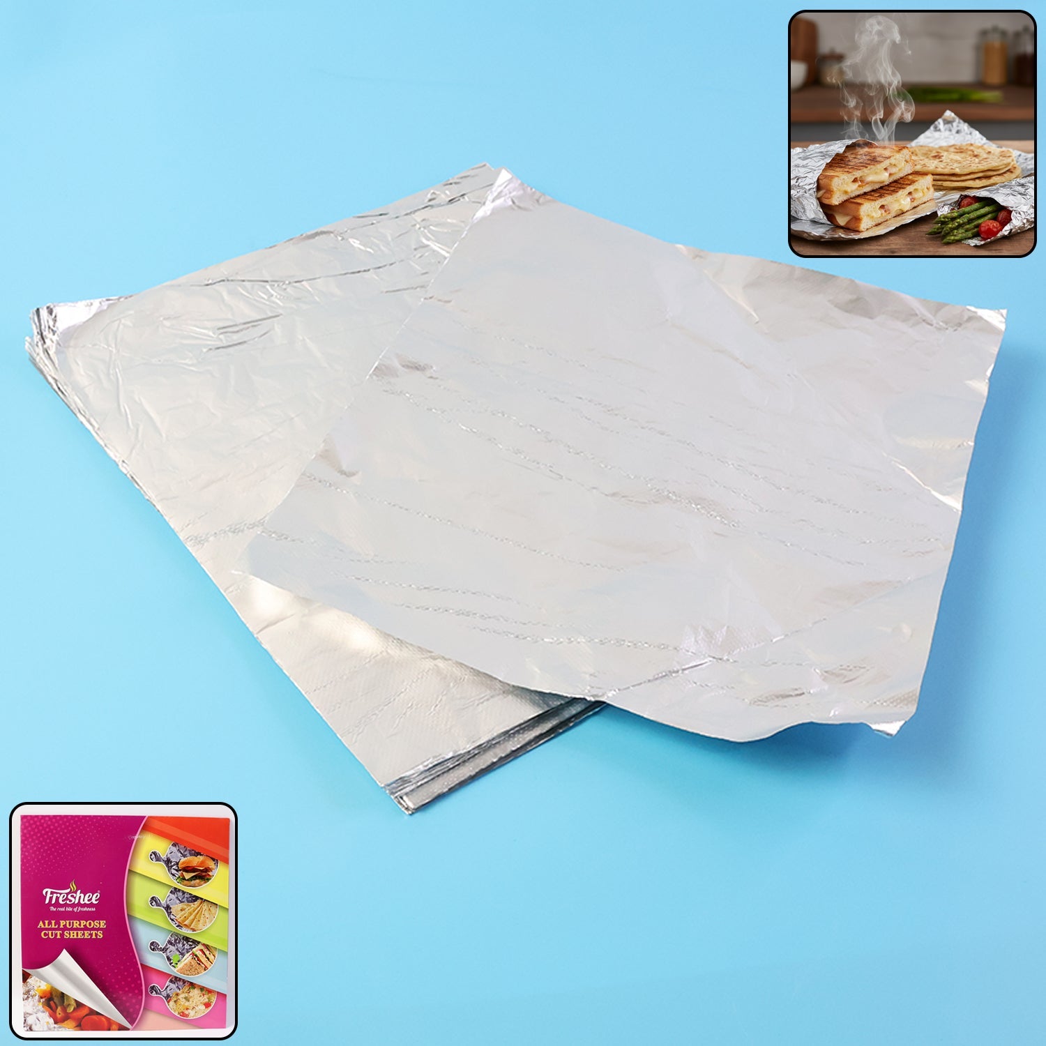Pack of 50 aluminium foil cut sheets 220×250 mm for food wrapping