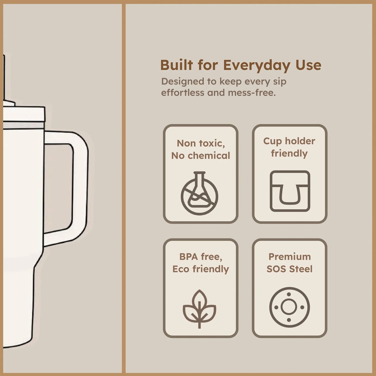 Angled view of insulated travel mug with spill-proof lid and handle
