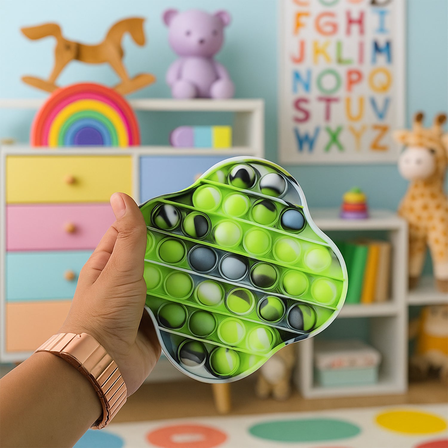 Silicone pop it fidget toy viewed from angle showing bubble layout