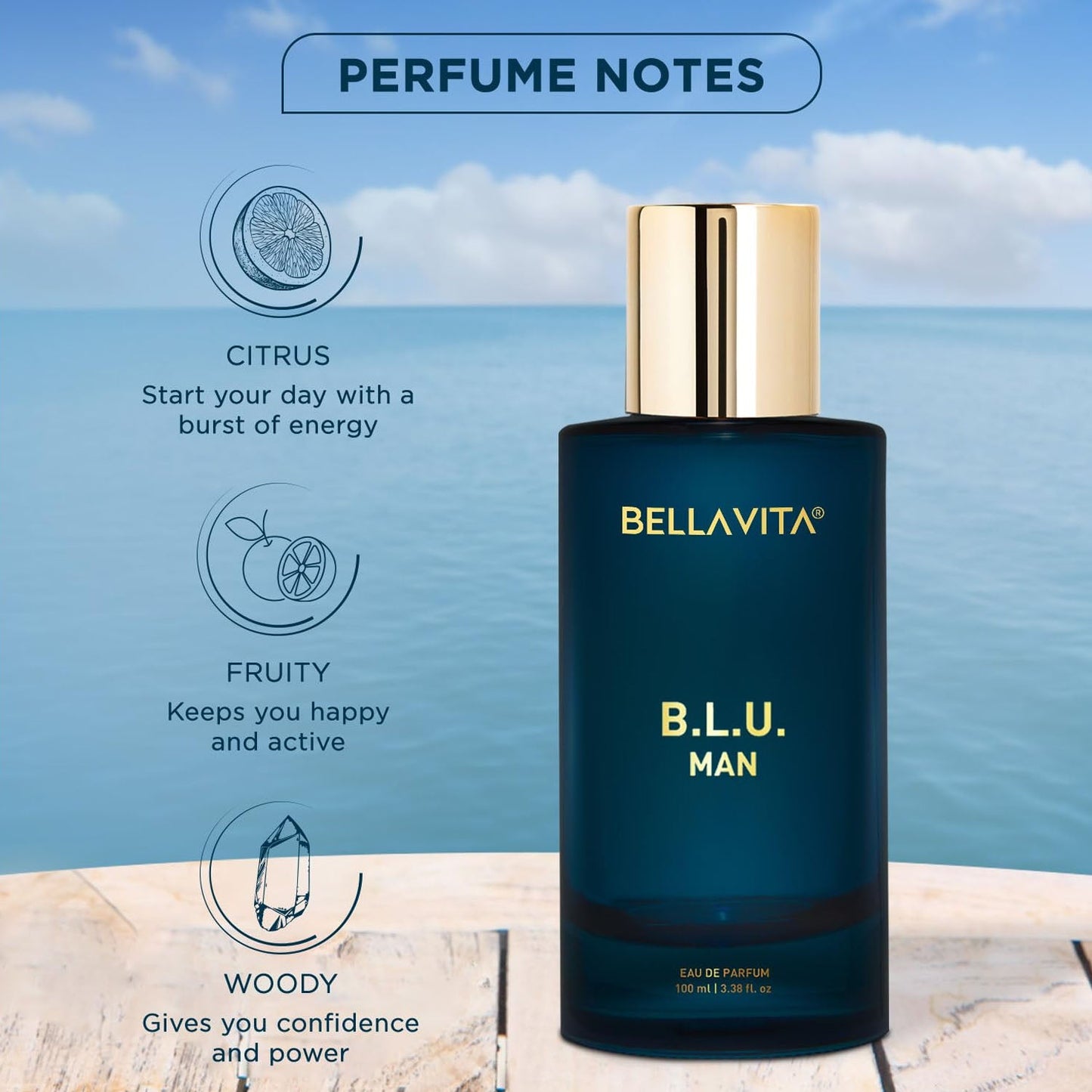 Premium men's perfume in elegant deep blue bottle by Bellavita