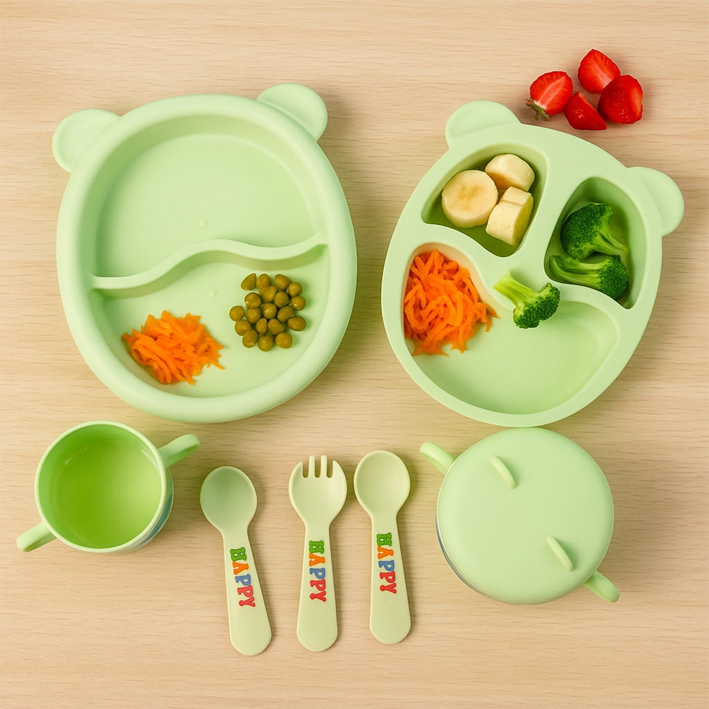 Unbreakable kids feeding dinner set designed for toddlers learning to self-feed