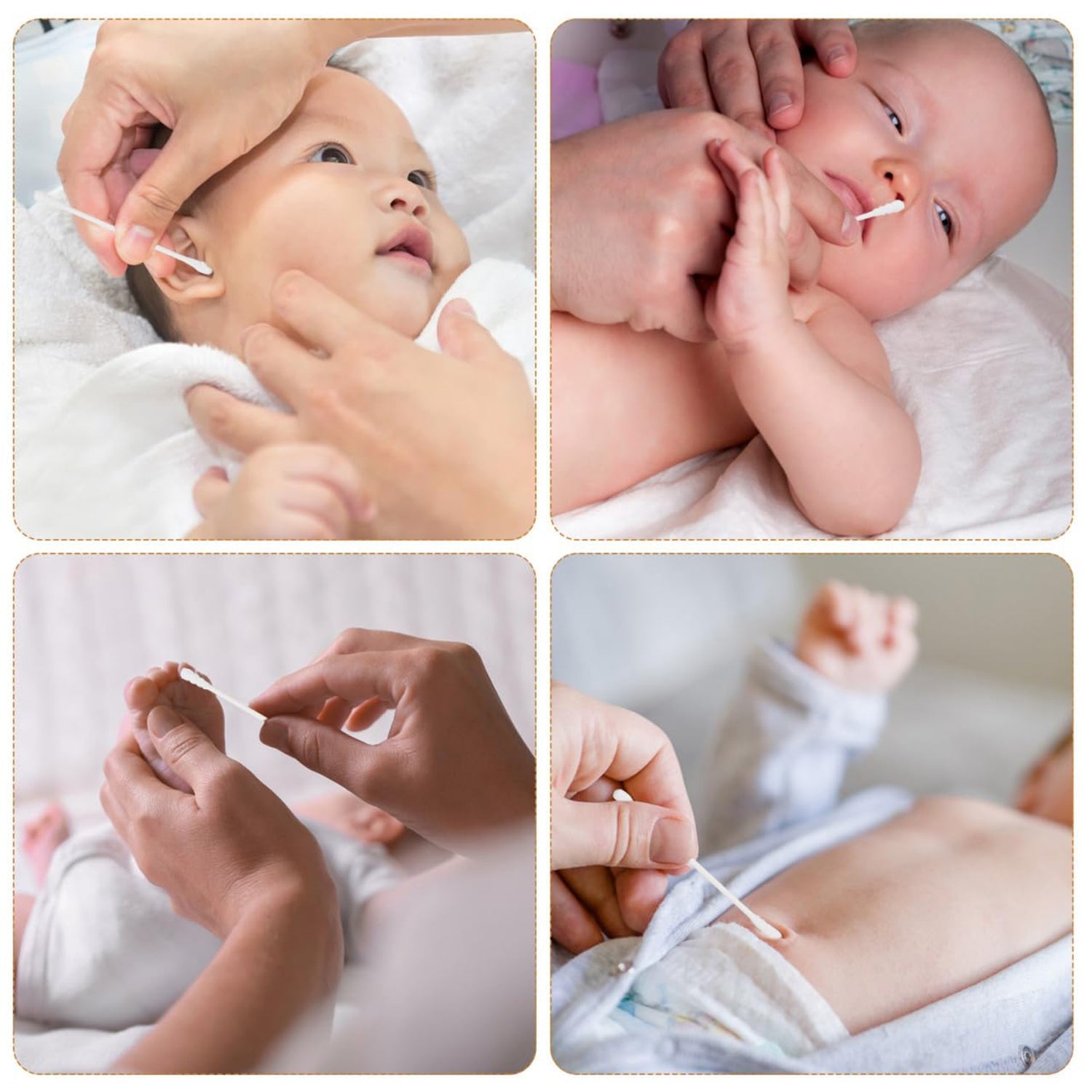 Cotton swabs for baby ear and nose cleaning with absorbent cotton tips
