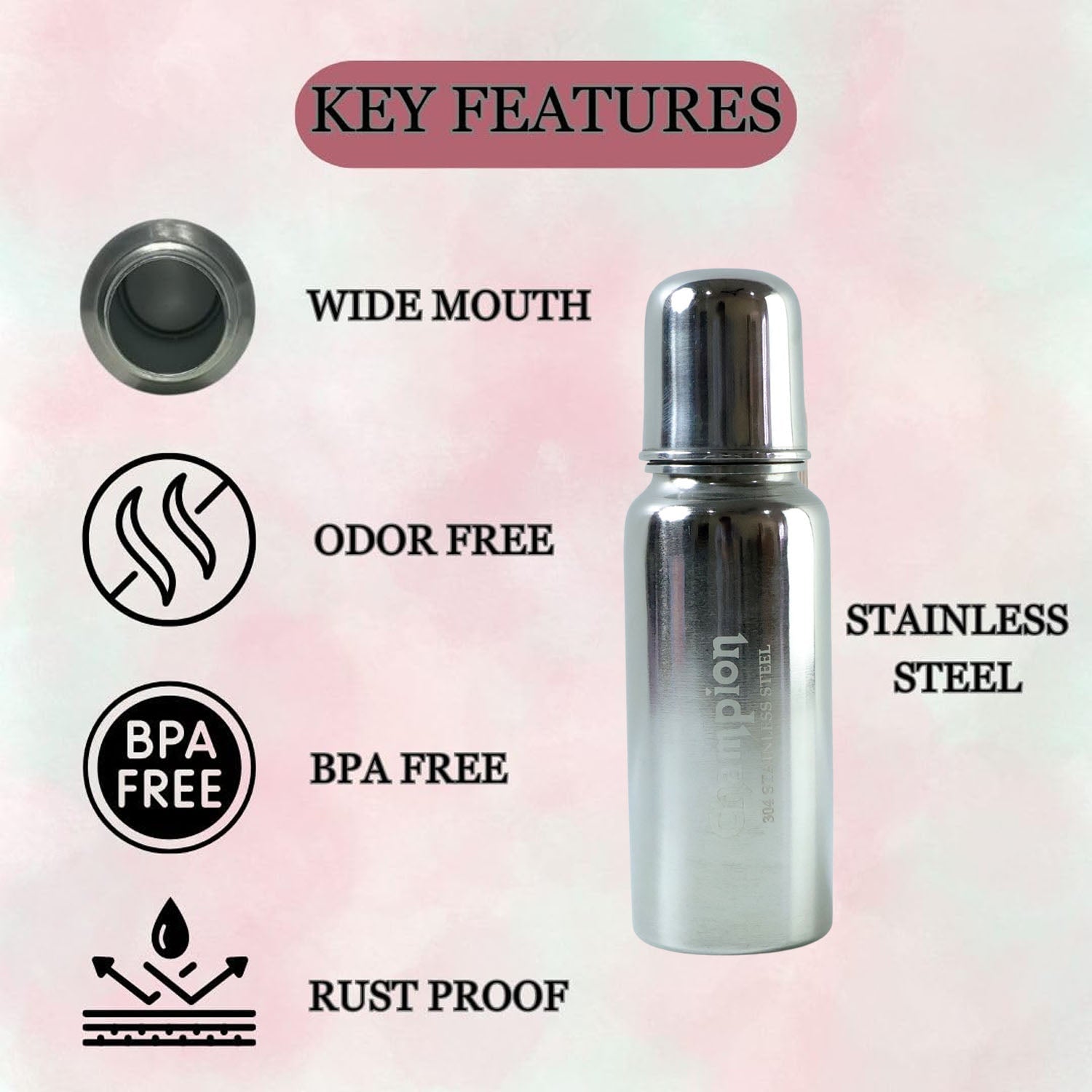 BPA-free stainless steel baby feeding bottle with silicone nipple