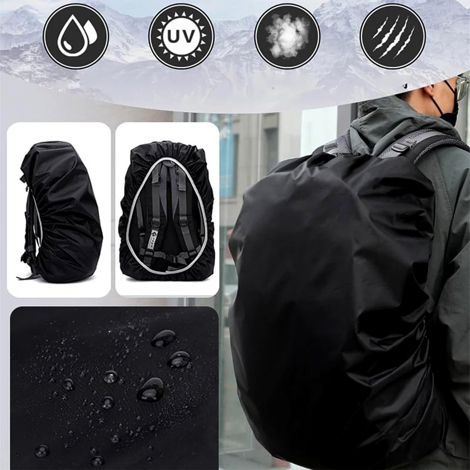 FERVENT rain cover demonstrating its versatile fit on different sizes of laptop bags and backpacks.