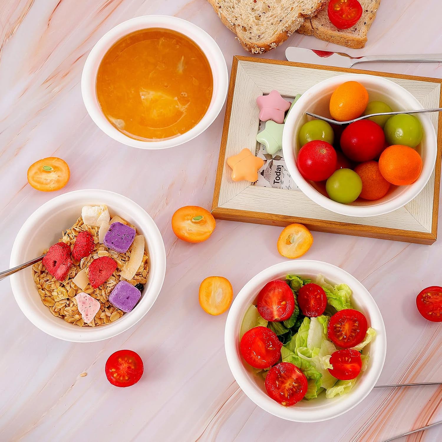 Stack-packed 180 ml compostable serving bowls made from sugarcane fiber
