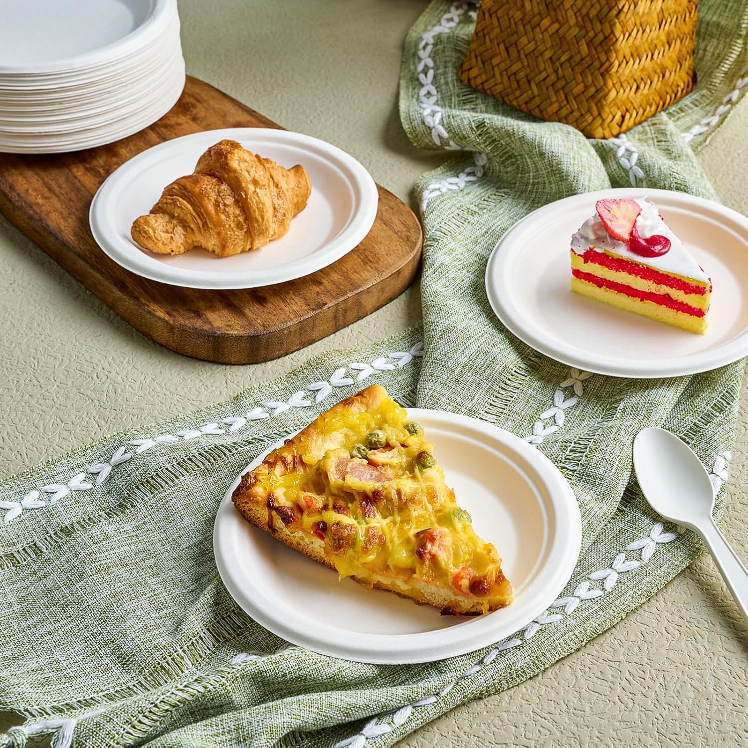 Side angle of eco-friendly round snack plate made from bagasse