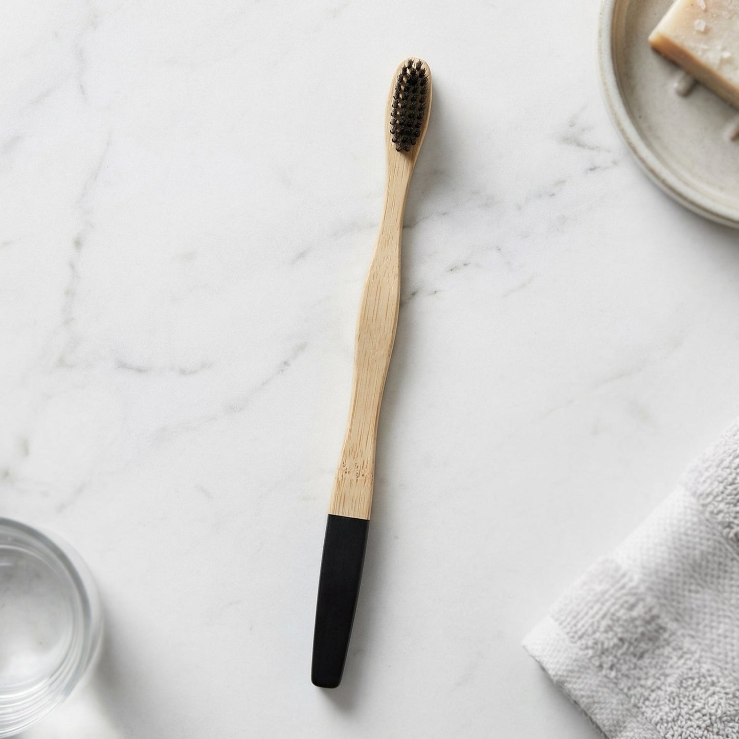 Close-up of bamboo toothbrush bristles showing softness