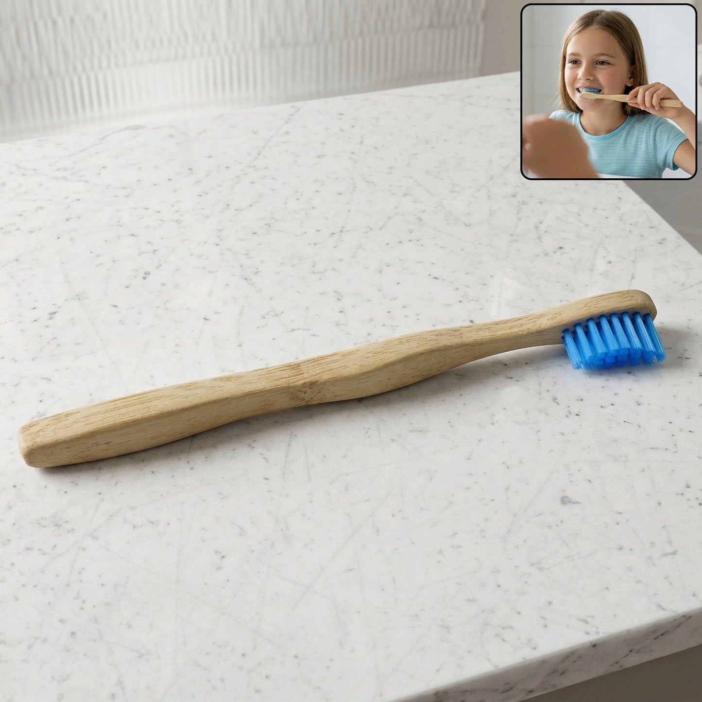 Sustainable wooden toothbrush with soft blue bristles and natural handle