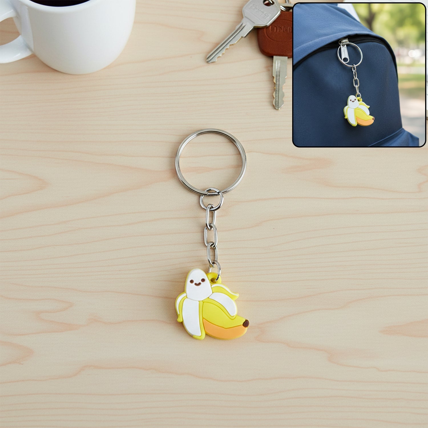 Cute banana shape cartoon keychain with smiling face and metal ring