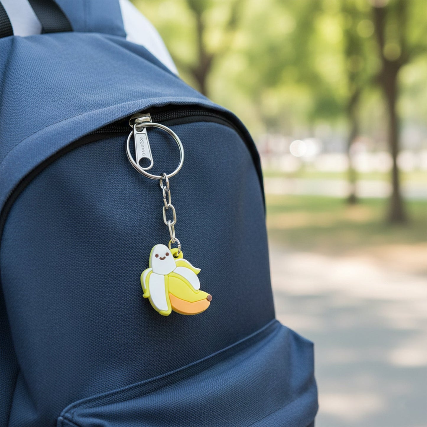 Close-up of banana shaped cartoon keychain with smooth finish and detailed design