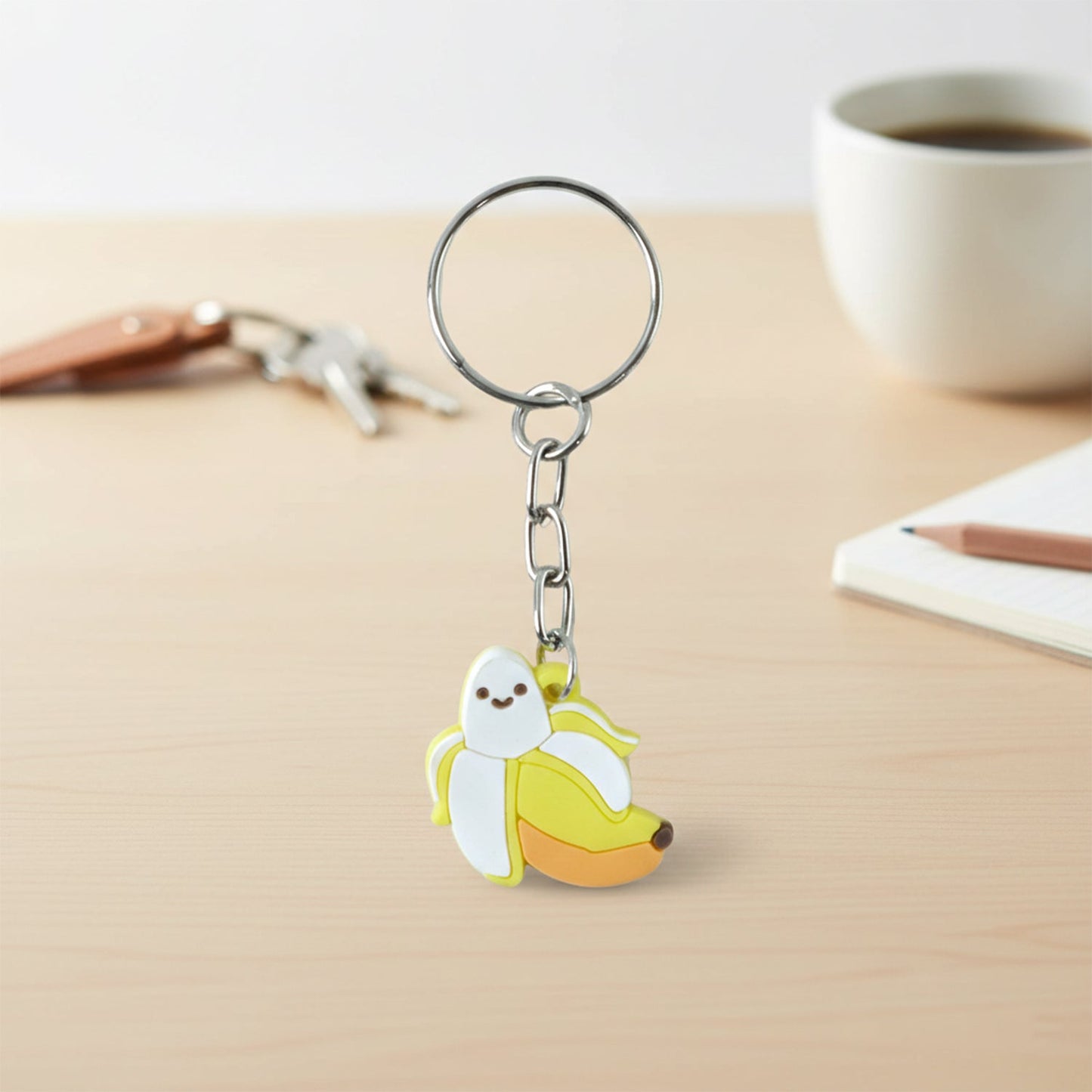 Decorative banana cartoon keychain with metal ring used as bag charm