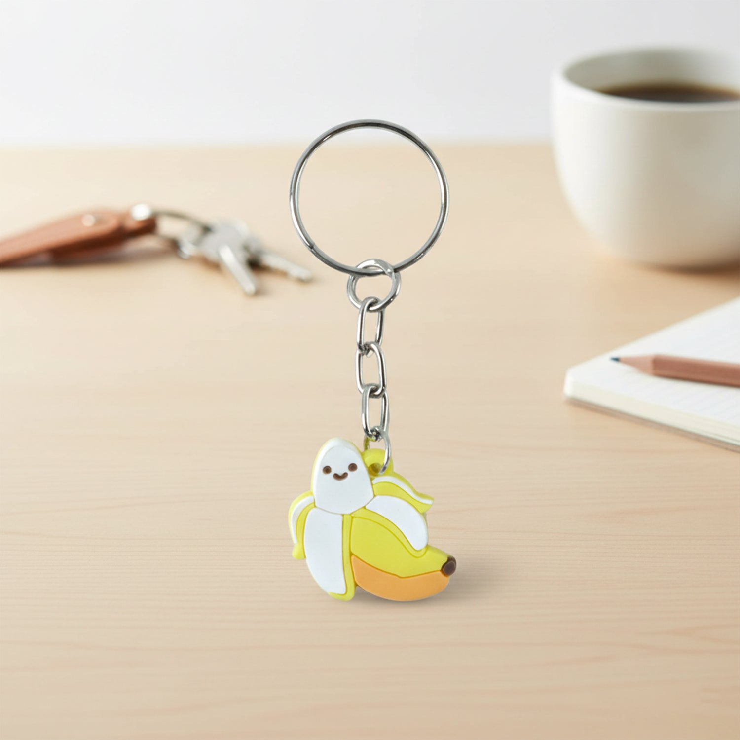 Decorative banana cartoon keychain with metal ring used as bag charm