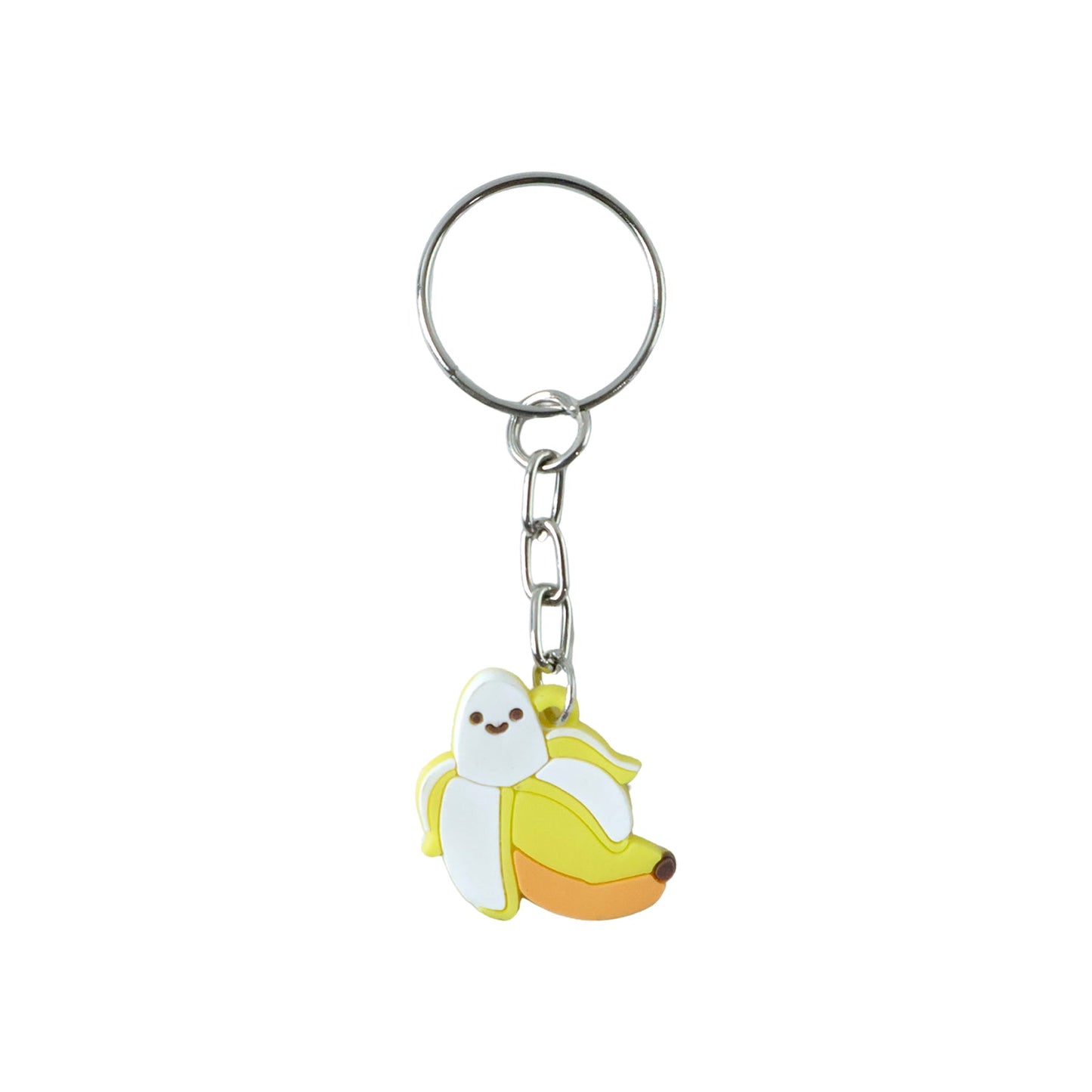 Metal ring keychain holding house keys featuring a cute banana cartoon charm