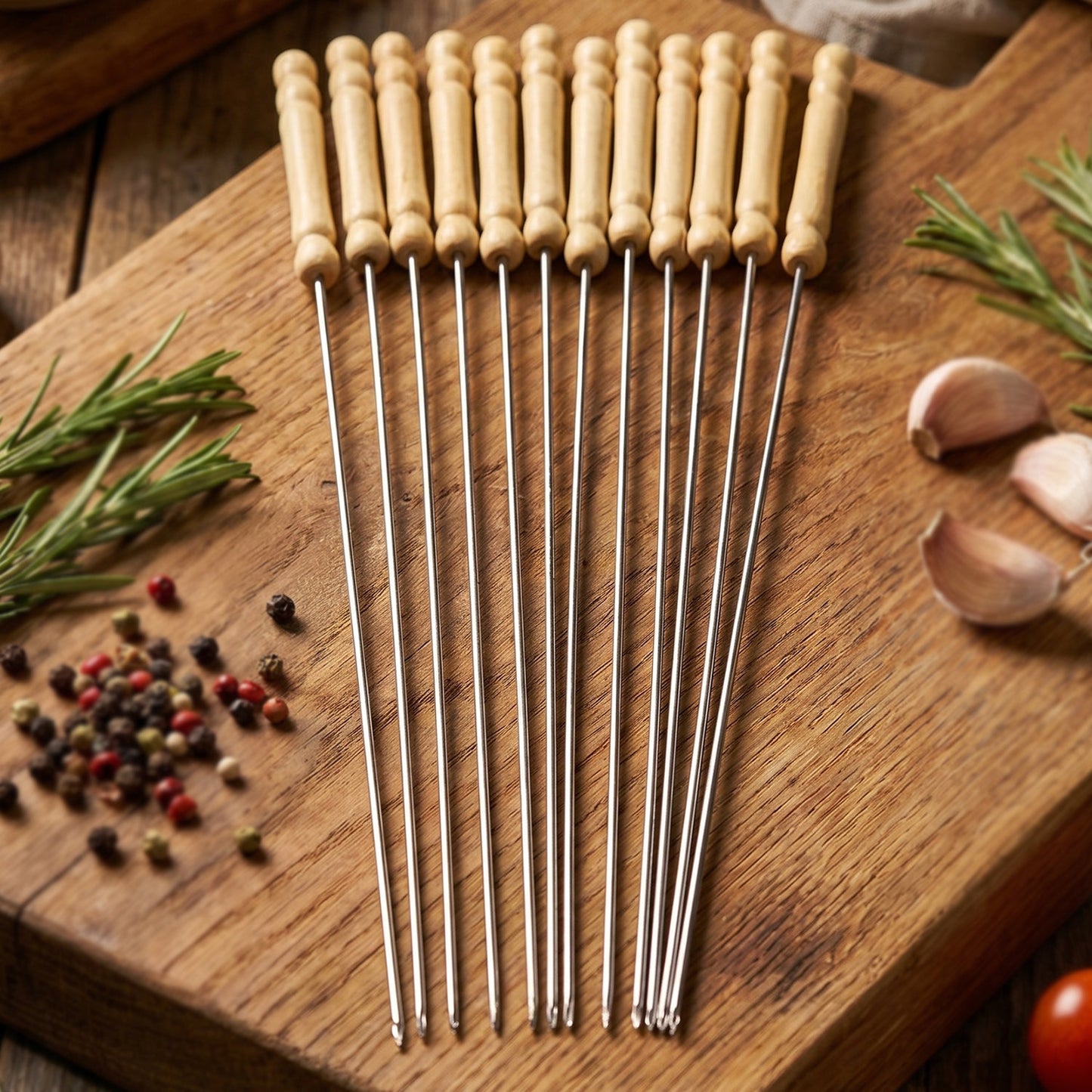 Long stainless steel skewers with wooden handles for outdoor grilling