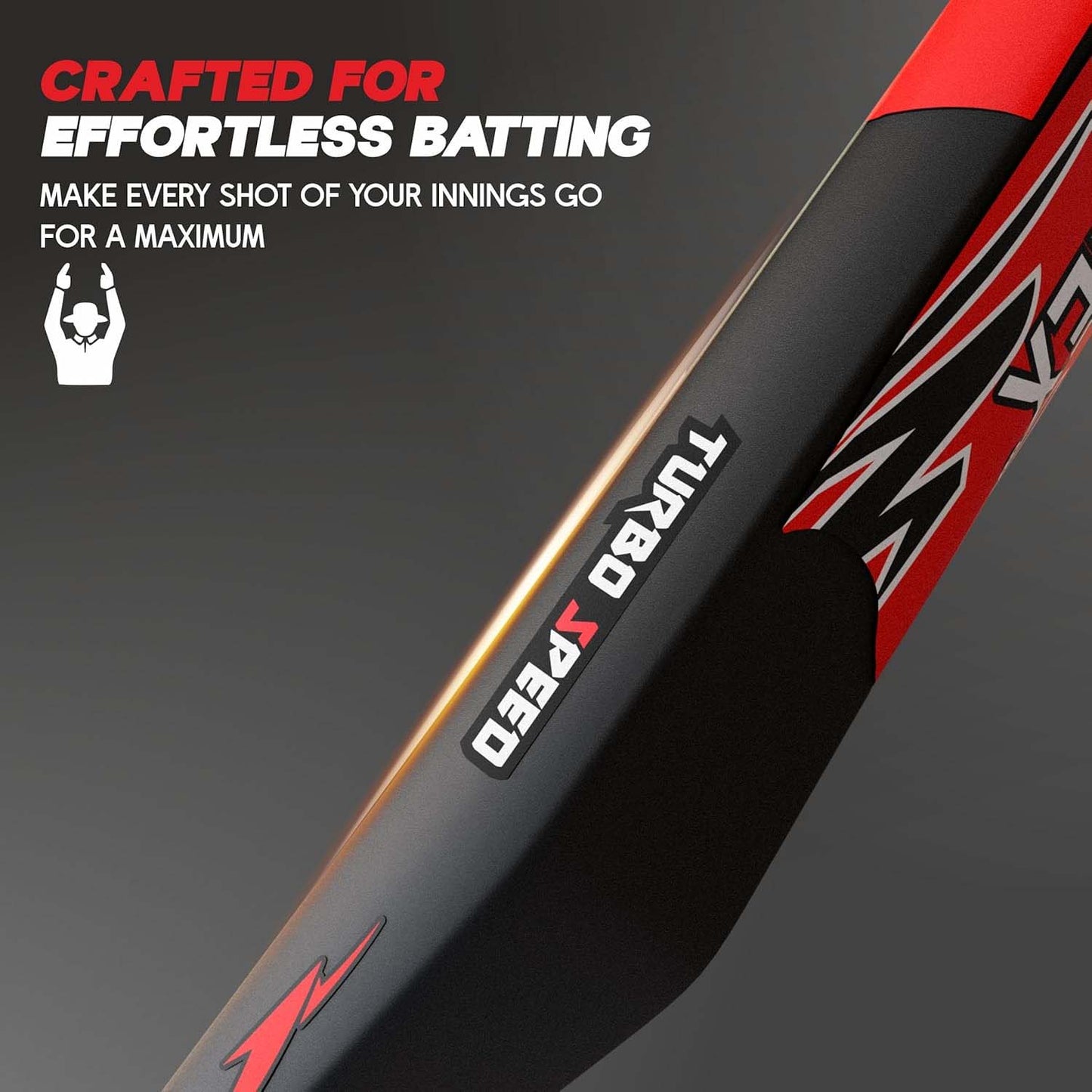 Side view of lightweight plastic cricket bat with rubber grip