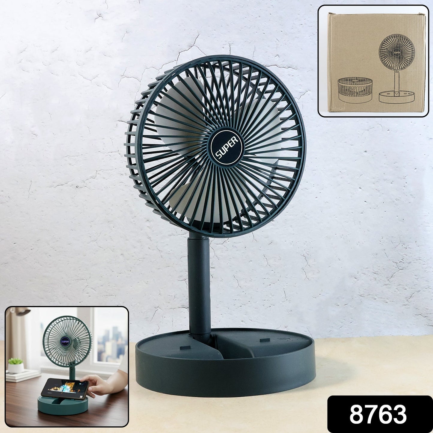 Compact desktop fan featuring mobile phone stand for hands-free viewing