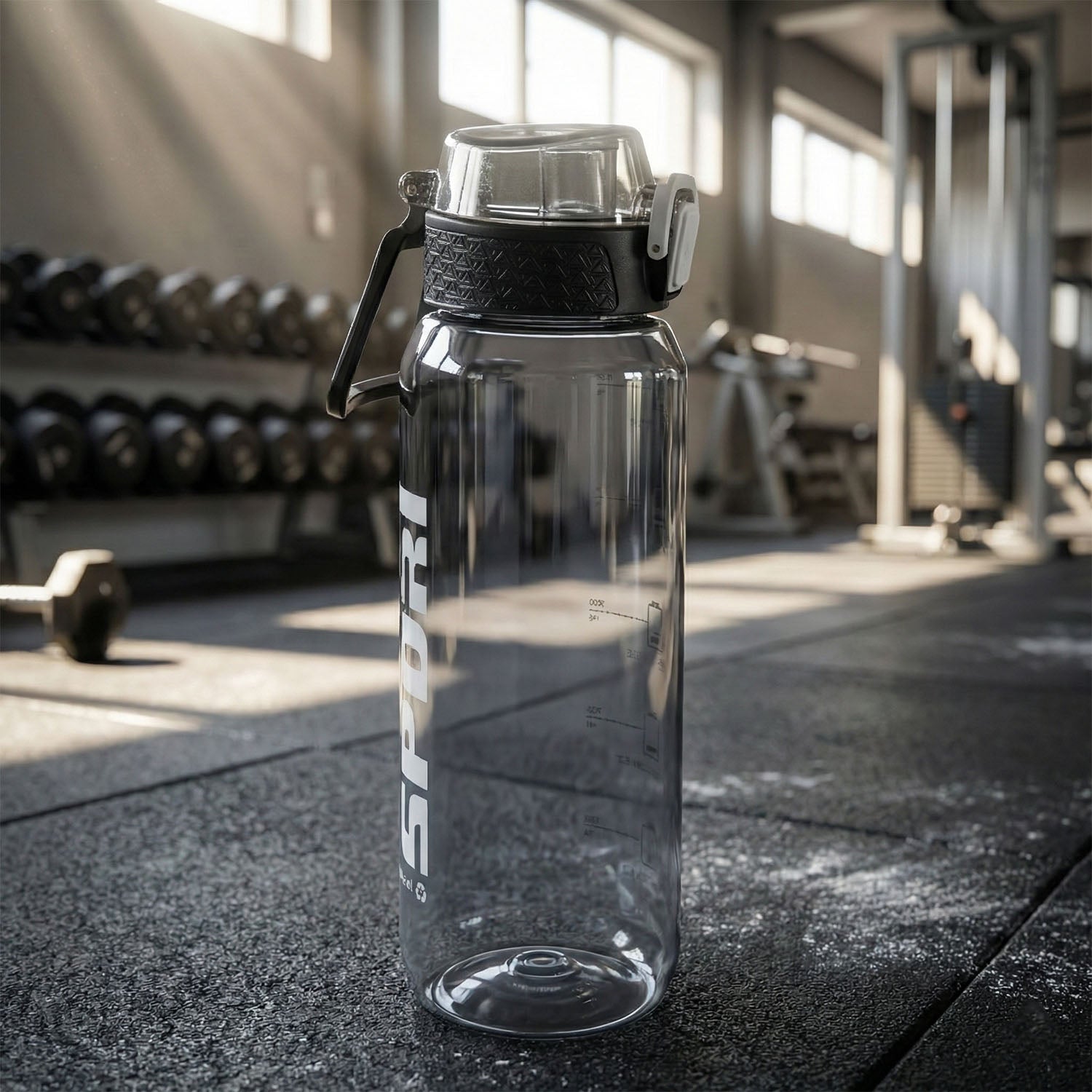 Ergonomic carry handle on black leakproof sports water bottle