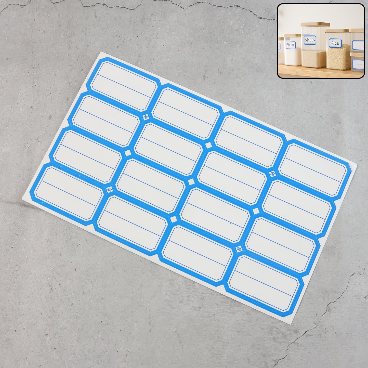 Sheet of self-adhesive rectangular label stickers ready for organizing