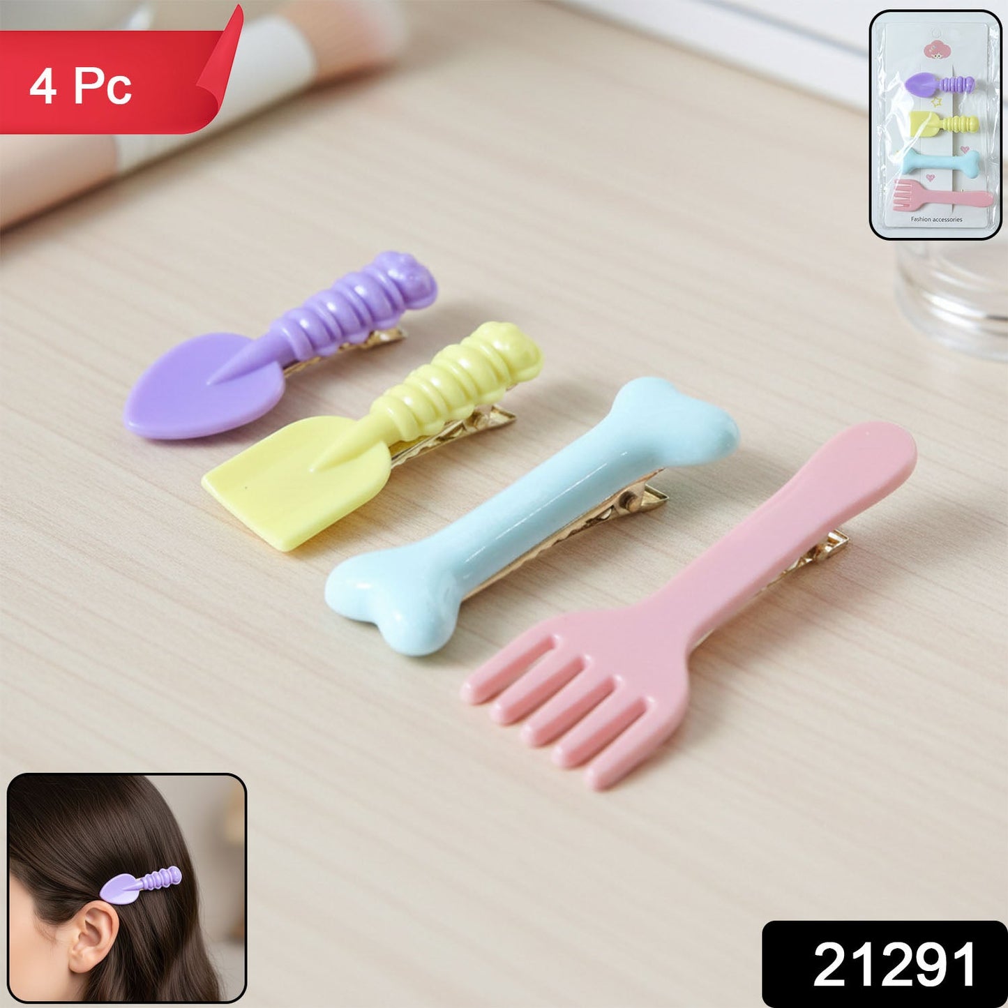 Set of colorful cartoon food hair clips including spoon and fork shapes