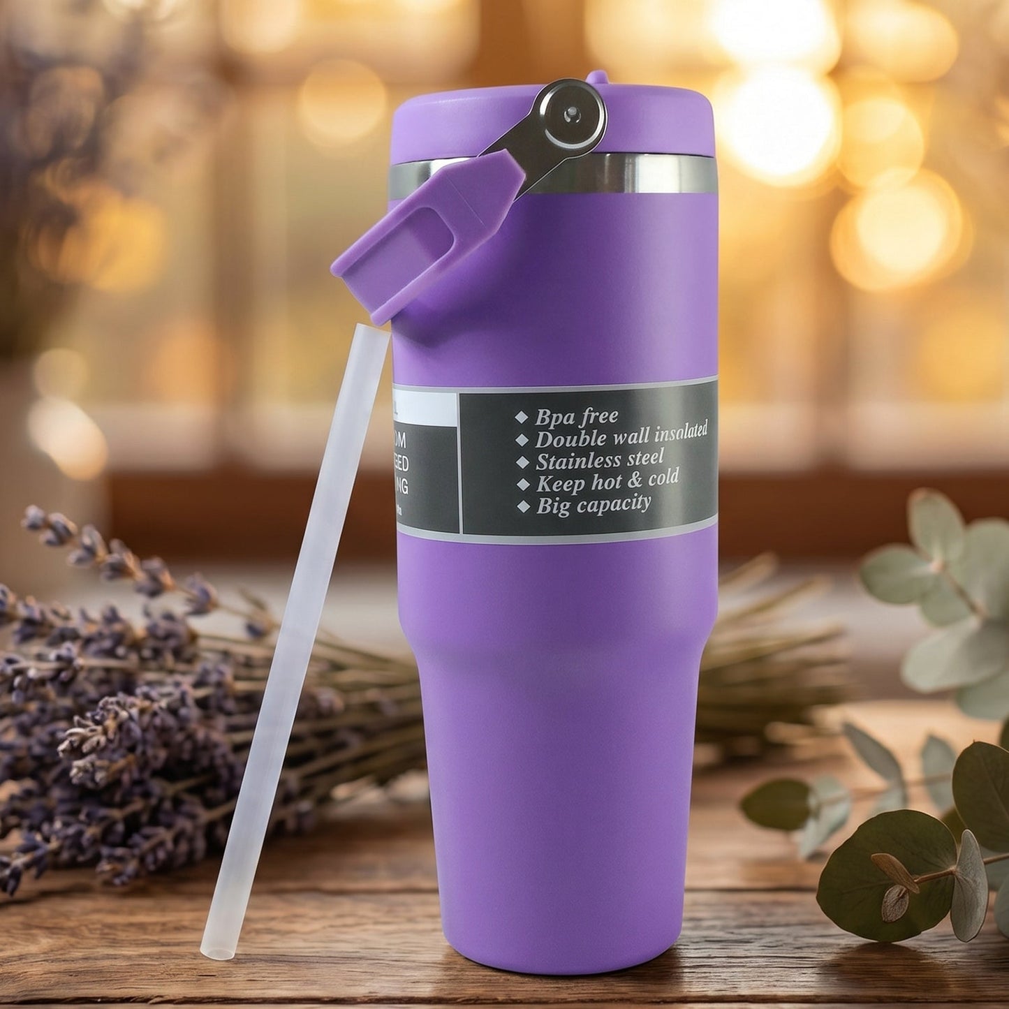 Close-up of durable reusable straw included with vacuum insulated travel mug